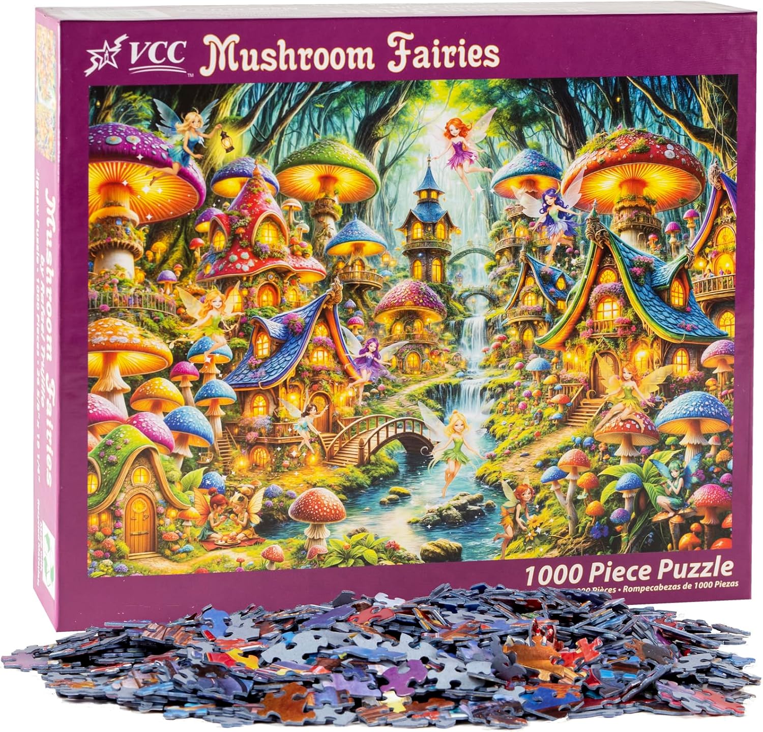 Mushroom Fairies Jigsaw Puzzle 1000 Piece by Vermont Christmas Company - Fairy Puzzles for Adults & Families - Fully Interlocking & Randomly Shaped Pieces - 26 5/8" x 19 1/4"