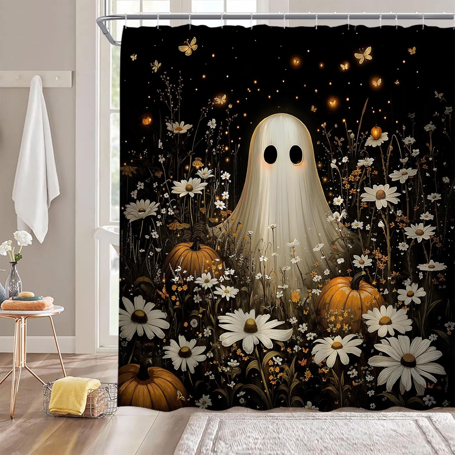 Halloween Ghost Shower Curtain,Pumpkin Floral Spooky Wildflower Autumn Festival Cute Black White Orange Polyester Bathroom Curtain with 12 Hooks,Bathtub Home Decor,70x78 Inch