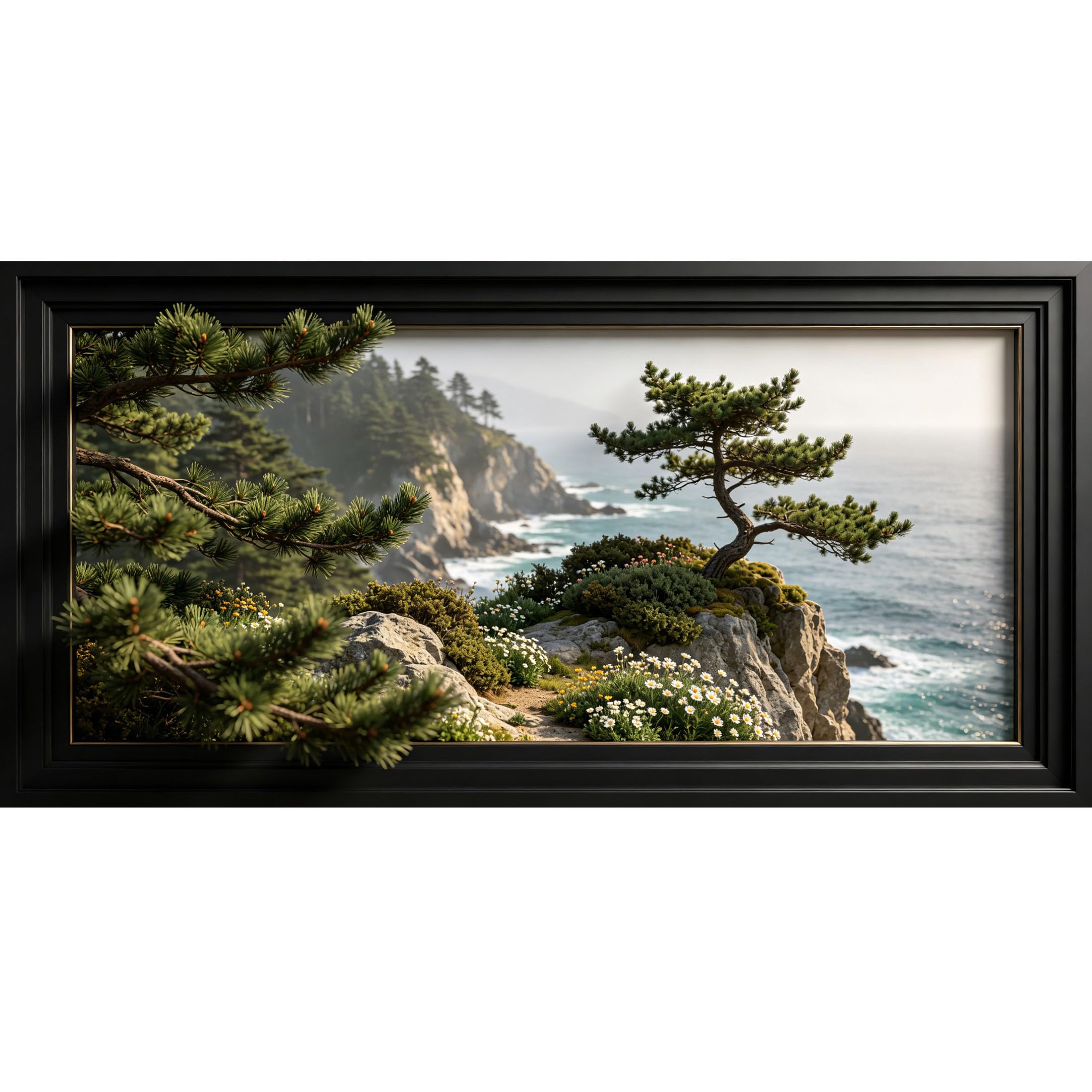 Agglomerix 3D Framed Wall Art Pine Tree Coastal Landscape Ocean Cliff Flowers Rock 3D Trompe l'oeil Large Size SelfAdhesive Removable Wall Decor Prints Artwork for Living Room Bedroom Office