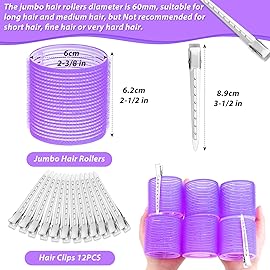 Jumbo Hair Curlers Rollers, 12Pcs Hair Roller Curlers Self Grip Holding Rollers with12 Stainless Steel Duckbill Clips for Long Hair Volume (Purple)