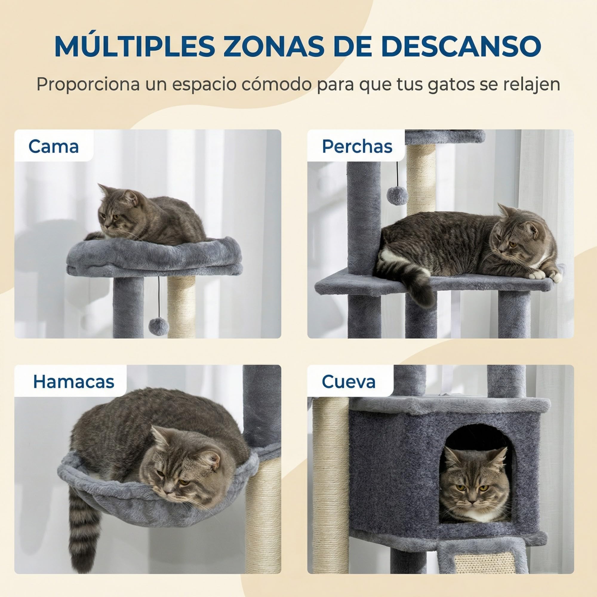 PawHut Árbol Rascador para Gatos 127 cm con Cueva, Hamaca y Cama Gris | Torre para Gatos, Plataformas, Rampa de Sisal, Bola Suspendida