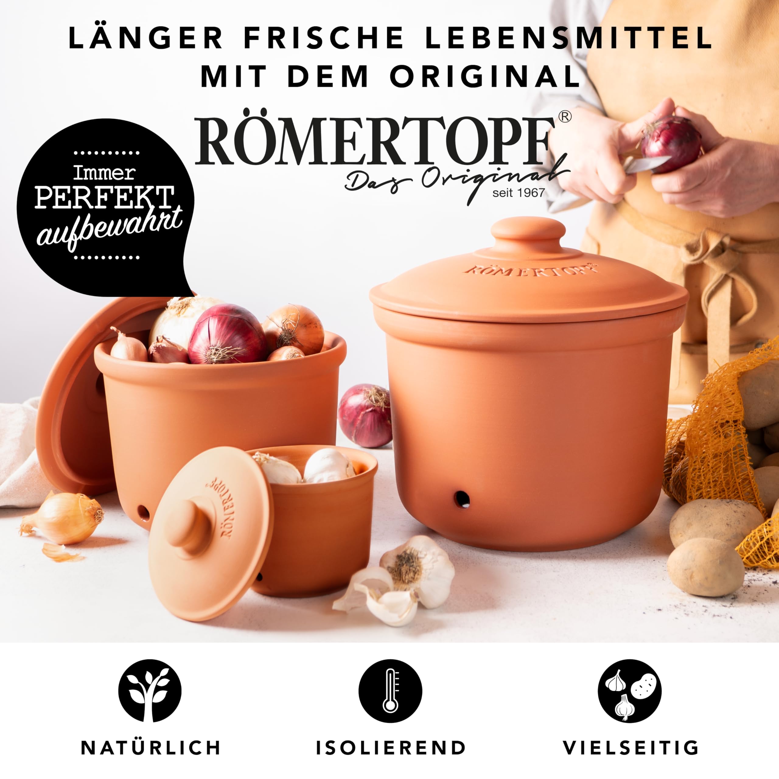 Römertopf zestaw 3 garnków – czosnek, cebula i ziemniaki, ceramiczne pudełko do przechowywania – oddychająca glina utrzymuje świeżość warzyw dłużej – terakota