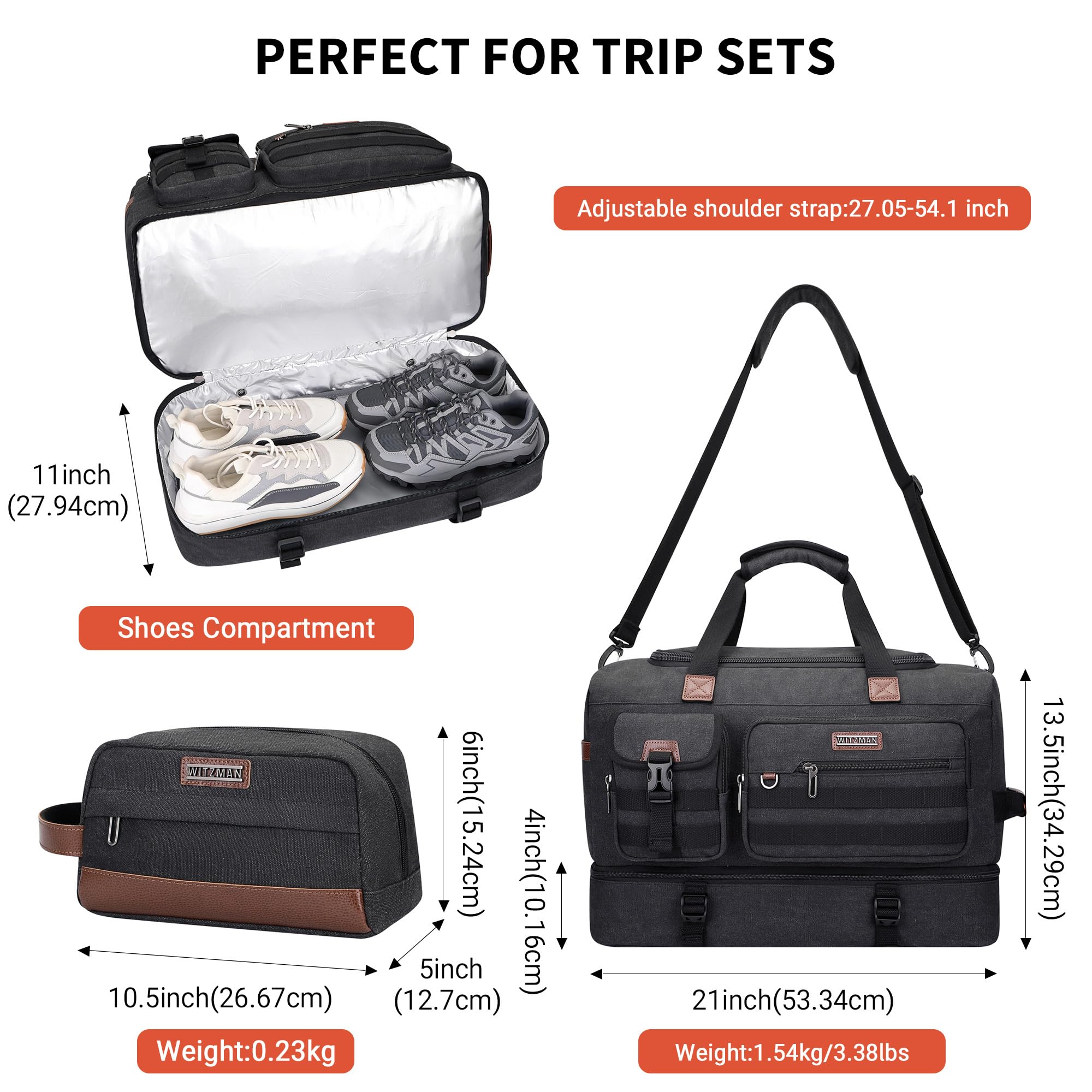 WITZMAN Reisetasche Herren 50L Canvas Wochenendtasche mit Kulturbeutel-Sets | Mit Schuhfach und Nass-Trennfach, Konvertierbar, Handgepäck Flugzeug, Eine für Reisen, Weekender, Sport, A8010/2 Schwarz