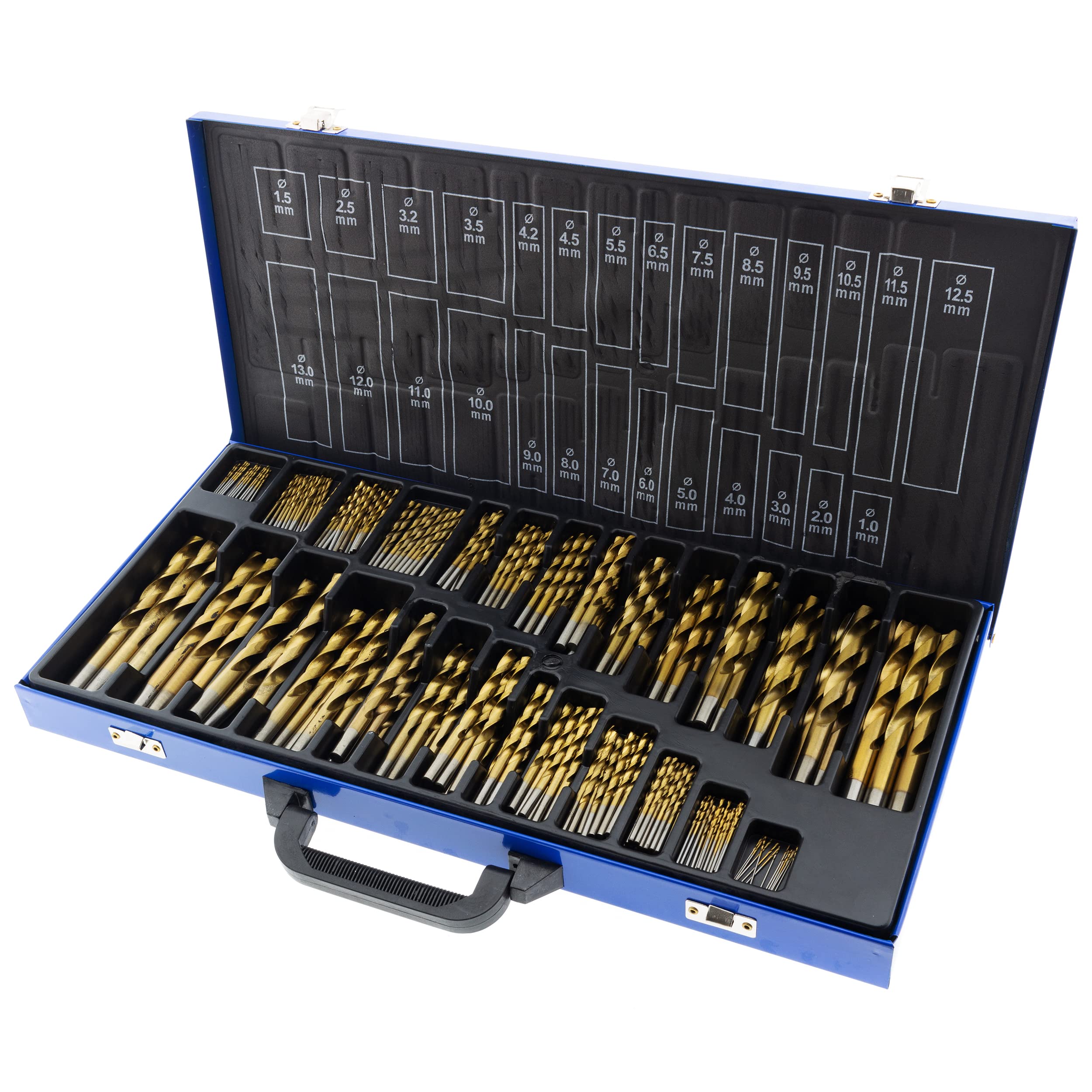 Toolchest Premium HSS - Juego de brocas en espiral (230 piezas, 1-13 mm, titanio, DIN 338, en maletín de metal)