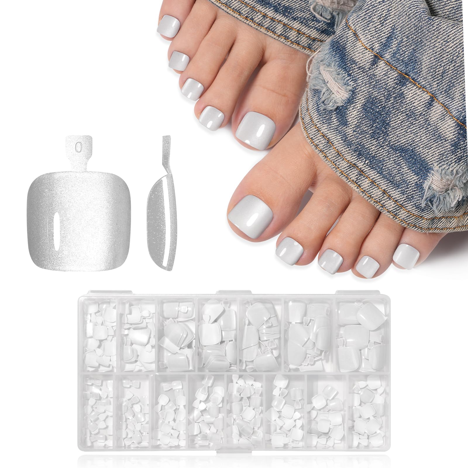 TOMICCA Fußnägel Zum Aufkleben Cat's Eyes Set, 240 Stück Vollständige Falsche Fußnägel Kit für Damen Frauen Nagelkunst DIY, 15 Größen Kurz