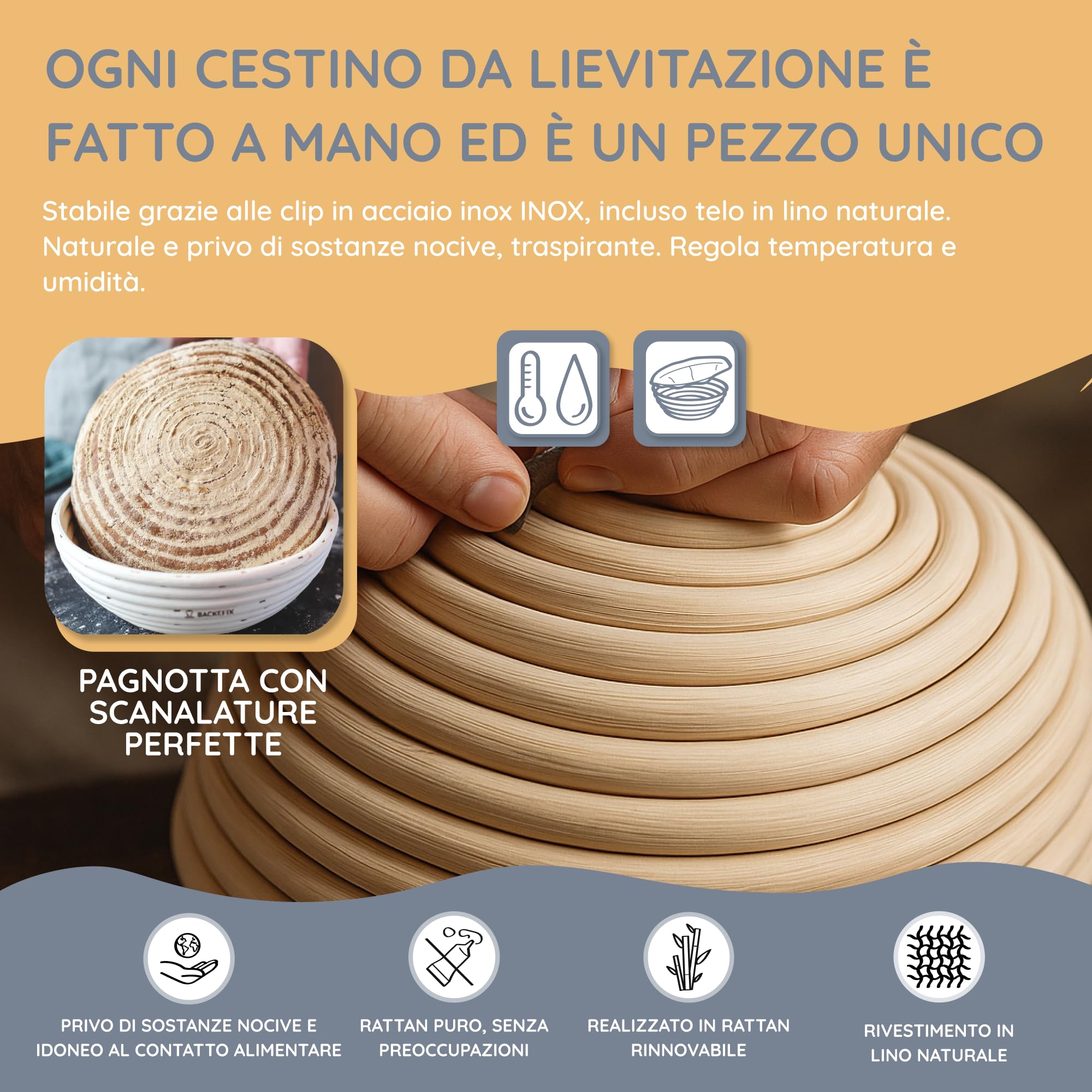 Backefix 500g fino a 1 kg cestino per la lievitazione del pane rotondo piccolo (Ø 23cm) | per un pane perfettamente formato e fatto a mano | Cestino per lievitazione naturale con panno di lino
