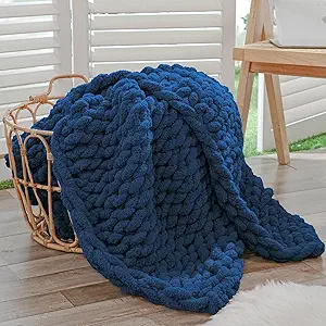 Bigacogo Chunky Knit Throw Blanket for Couch, 40x40 inches, 100% Hand Knitted with Thick Jumbo Chenille Yarn, Cozy Soft Large Rope Knot Cable Crochet Blankets for Sofa Bed Living Room, Navy Blue