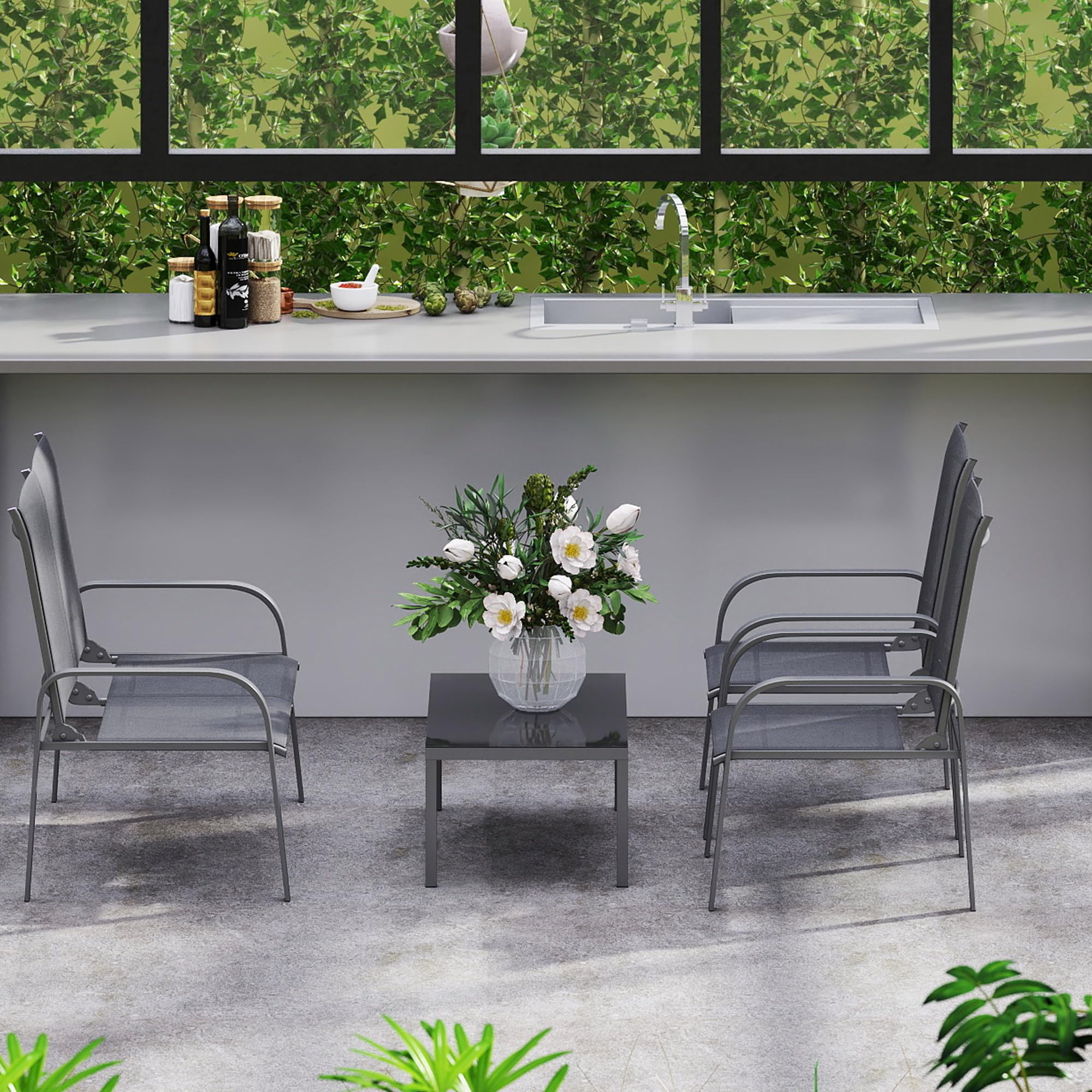 Outsunny Set Salotto da Giardino 4 Pezzi, Divanetto Esterno 2 Posti Schienale Regolabile, Tavolo Caffè Vetro, Impermeabile Acciaio Textilene Nero