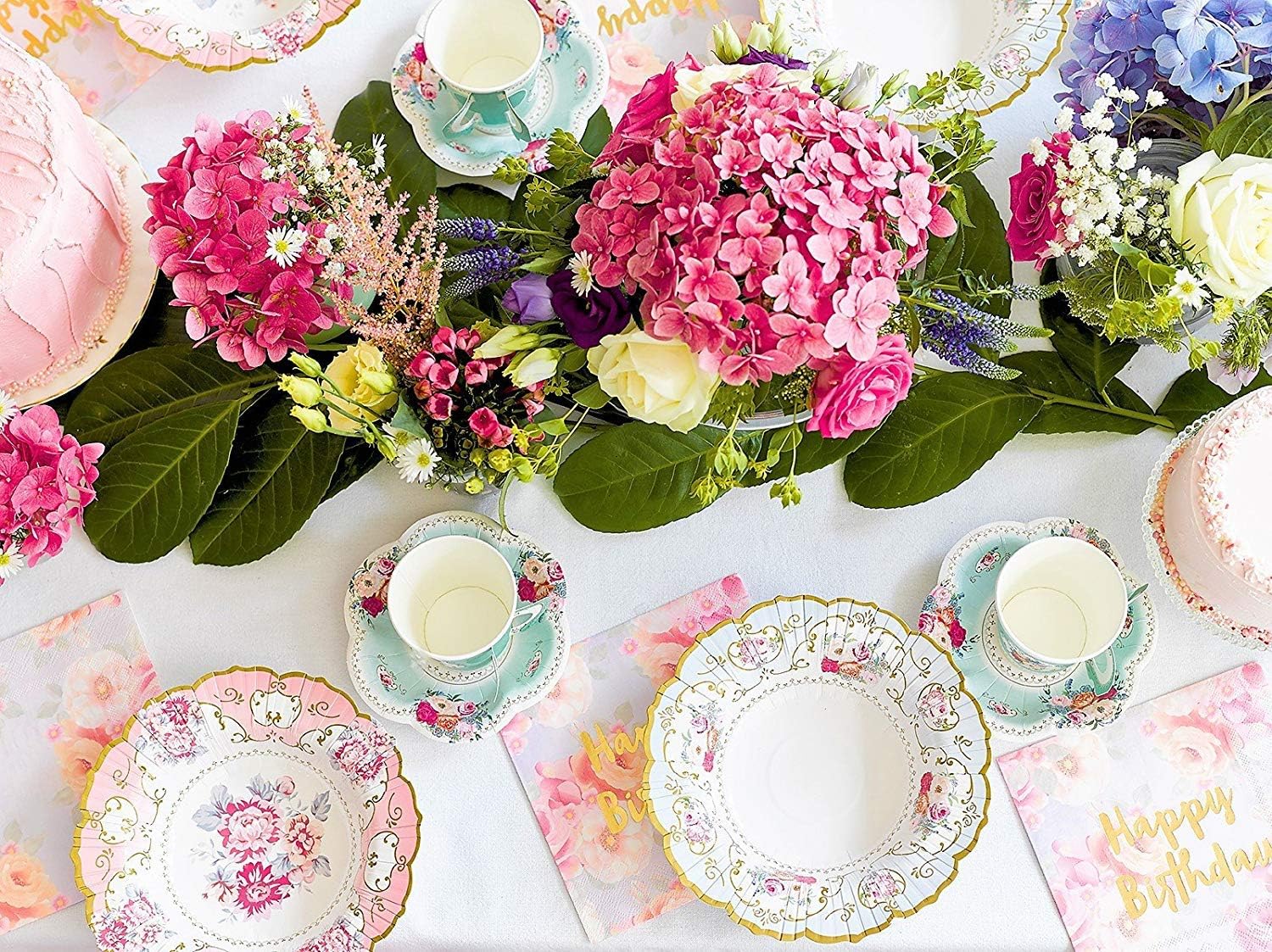 Talking Tables Truly Scrumptious Tea Party Bundle | Vintage Floral Paper Tea Cups and Saucer Sets 12 Count | Pink Scalloped Floral Paper Napkins 20 Pack | Vintage Floral Small Paper Plates 12 Count