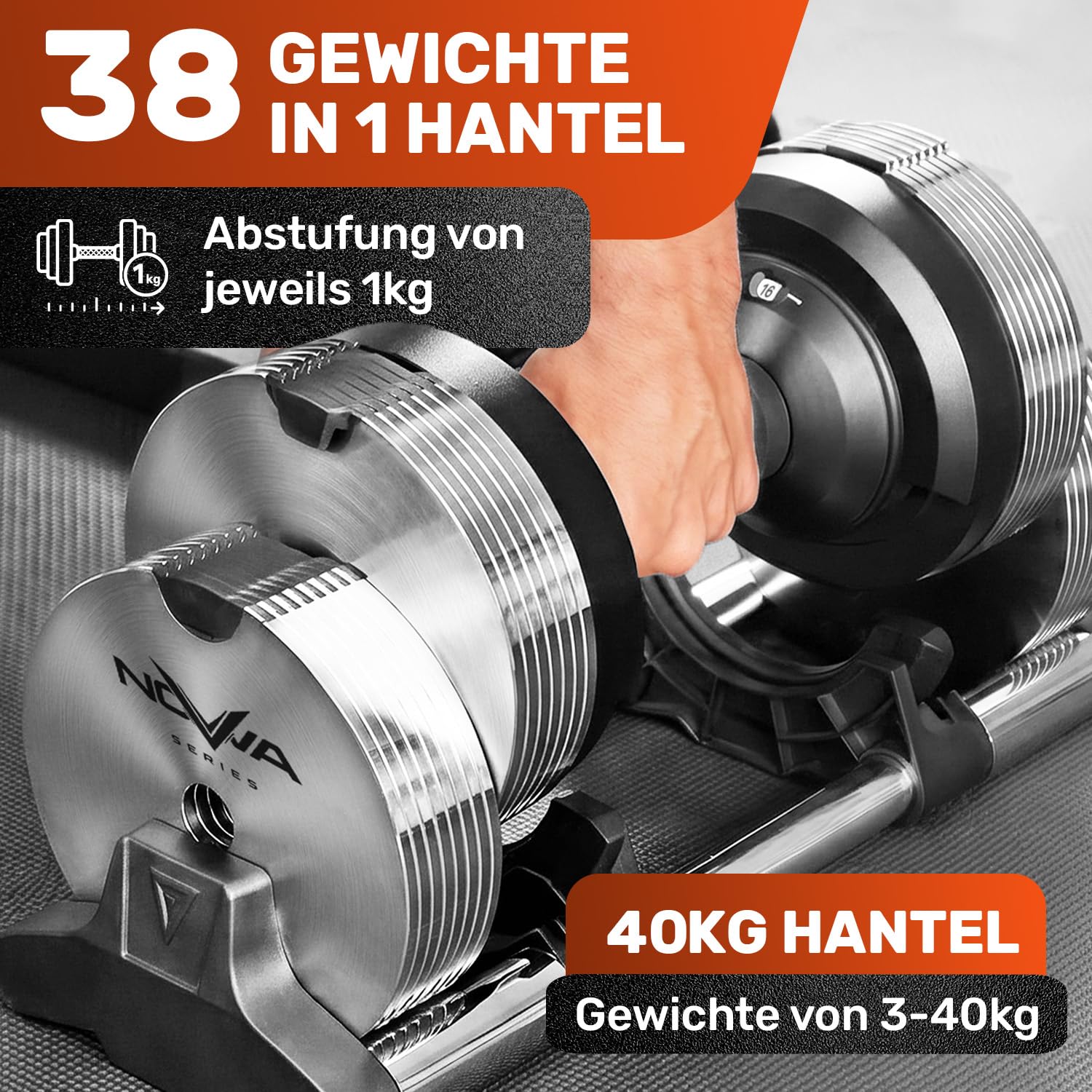 Verstellbare Kurzhantel 24kg | Nova Series | 12kg |18kg | 24kg | 32kg |40kg | 24 Gewichtseinstellungen | Einzelhantel | Verstellbare Kurzhantel | Hantel einstellbar und platzsparend [NOVA³ LOCK]