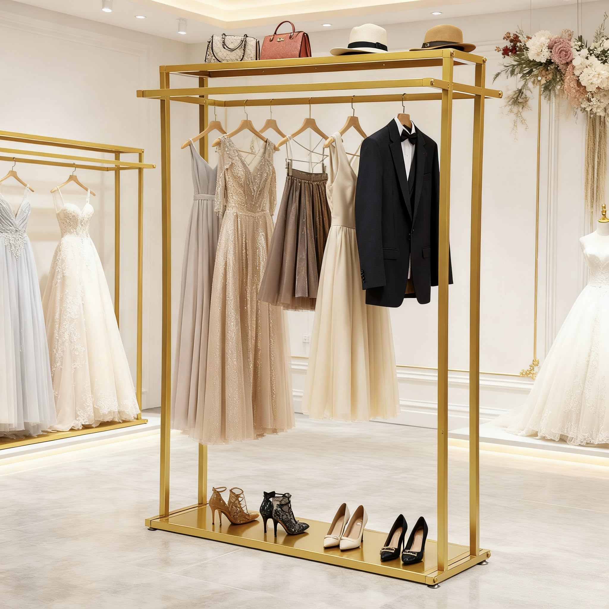 Amazon.com: kunghei 67" Tall Gold Clothing Garment Rack with 2 Shelves,  Home/Boutiques Retail Display Wedding Dress Display Stand Heavy Duty Dressr  Racks for Hanging Long Dresses, Shoes Bags Clothes Organizer : Home