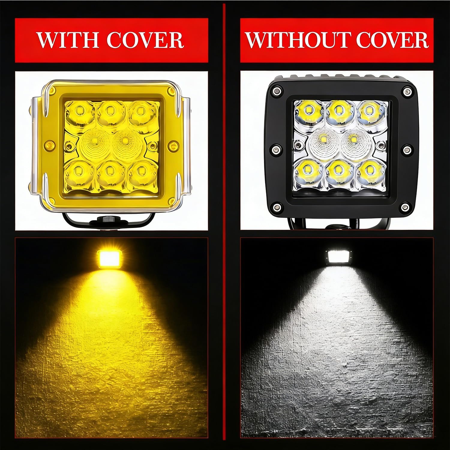 Yellow Pod Light Covers, AKD Part 2Pcs 3x3 Inch Square LED Pods Cover Yellow LED Light Bars Covers 3x3 Cube Lights Cover