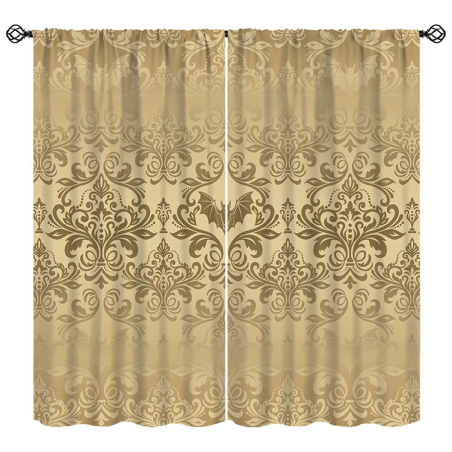moderw Gold Damask Floral Curtains Vintage Oriental Floral Window Treatments Gothic Antique Victorian Baroque Luxury Bohemia Flowers Blackout Window Drapes for Living Room W42xL63in
