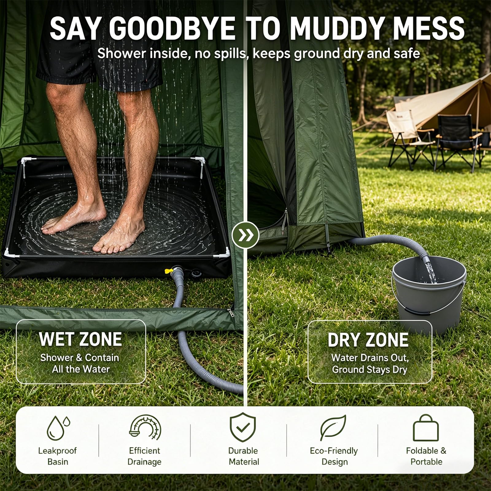 Bac à douche pliable 80x80x10 cm, bac à douche portable avec tuyau d’évacuation, bâche de tente de toit imperméable Oxford durable pour l’intérieur et l’extérieur, base de douche de camping pour plage