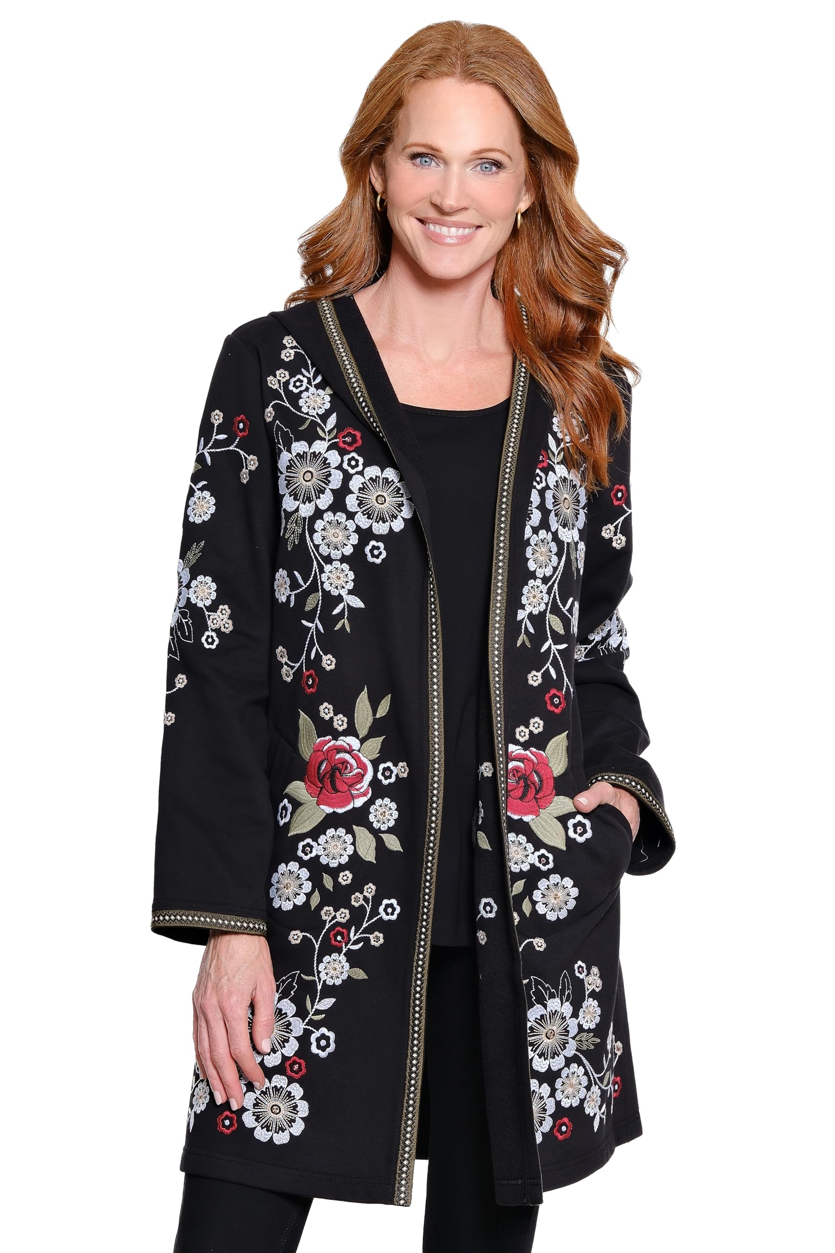 John Mark Womens Clothing Emb Long Cardigan With Pockets Hoodie and Long Sleeves