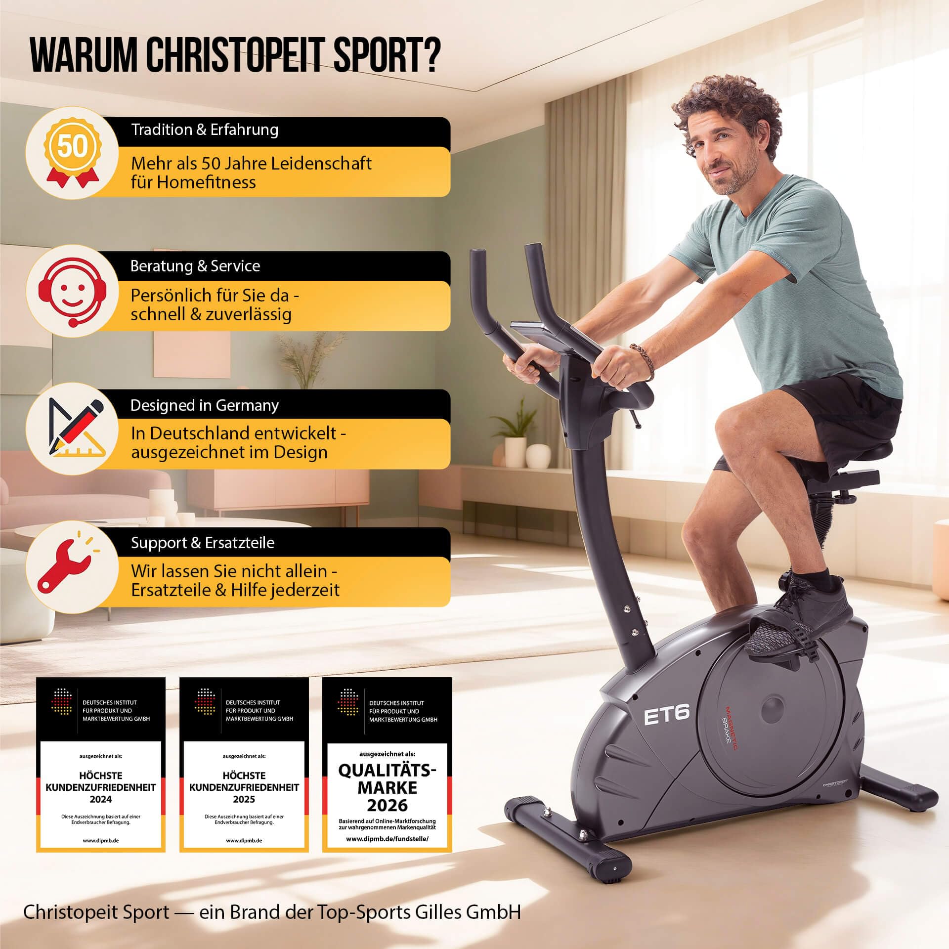 CHRISTOPEIT Ergometer Heimtrainer ET 6 Fahrrad mit 24 Widerstandsstufen, bis 150kg und 200cm, 12kg Magnet-Bremssystem, Kinomap, Bluetooth, Pulsmessung, bequem, leise
