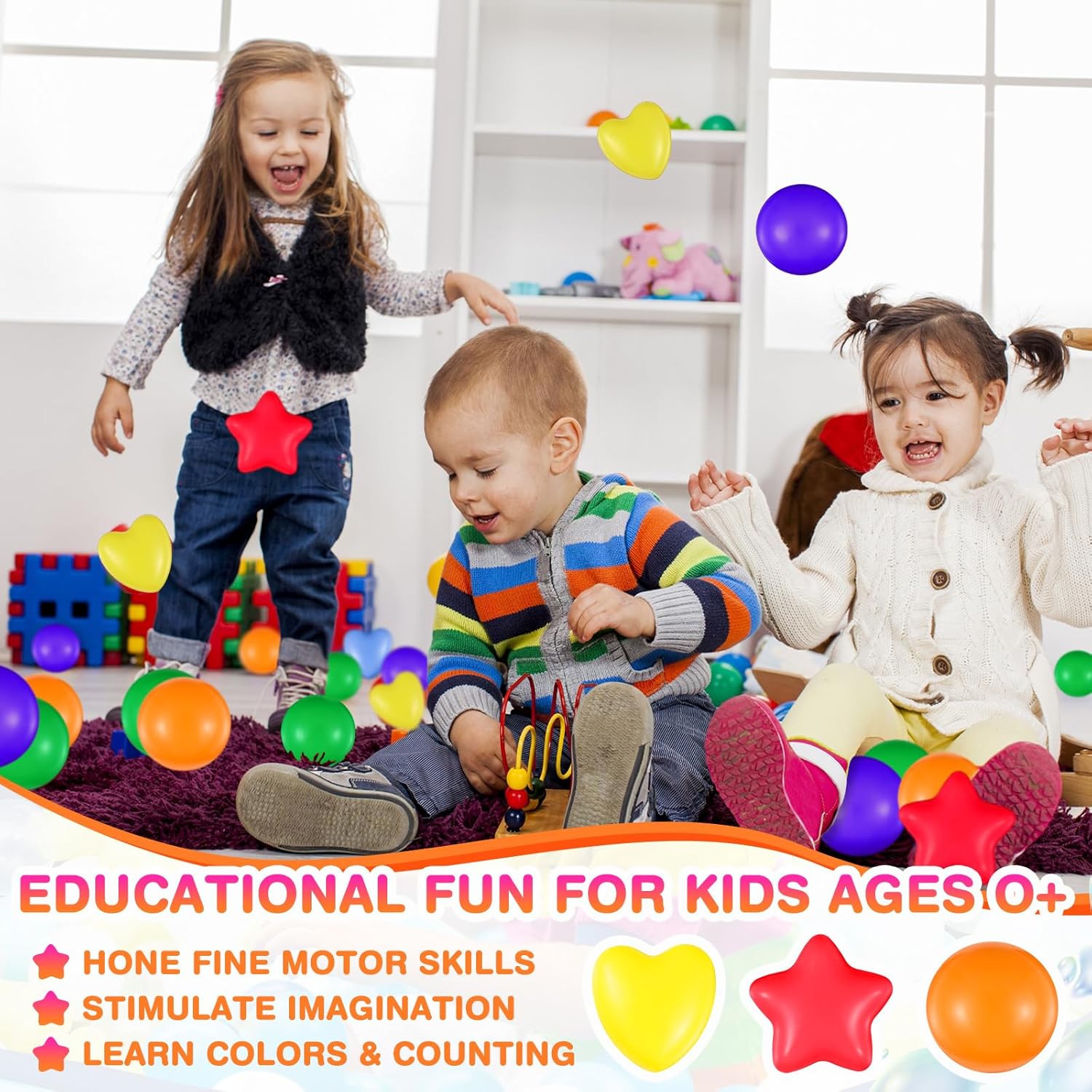 RoundFunny 100 Pieces Balls for Kids Star Heart Shape Plastic Balls for Toddler Playpen 2.17'' Play Toy for Crawl Tunnel Inflatable Pool Birthday Party Decoration