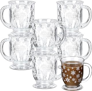 Sliner 6 Pcs Christmas Mugs Snowflake Snowman Clear Coffee Cups with Handle 15 Oz Winter Holiday Glass Coffee Mug for Chocolate Cocoa Xmas Gift(White,Snowflake)