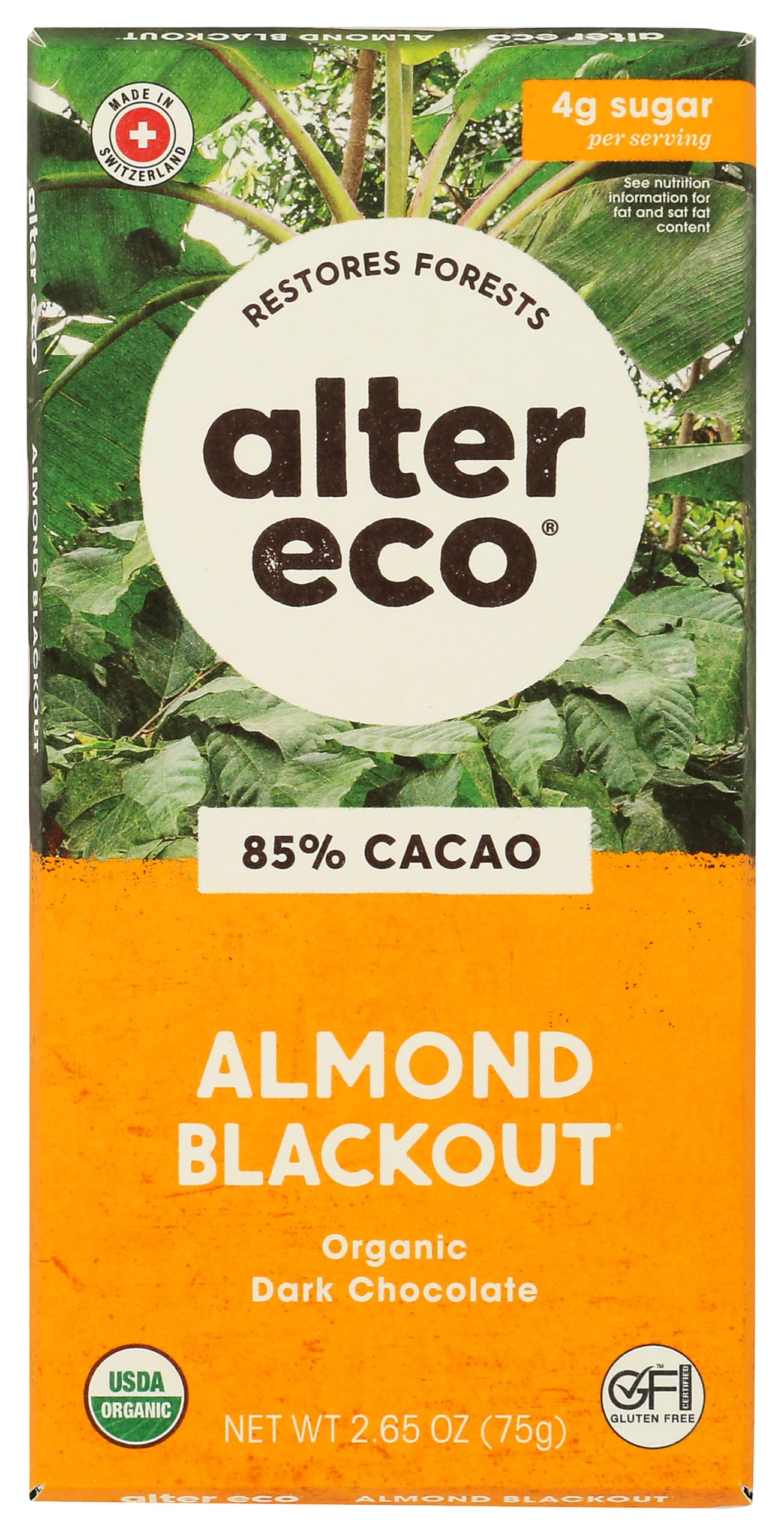 Alter Eco, 85% Cacao Organic Dark Chocolate Almond Blackout, , 2.65 Oz (Pack of 3)