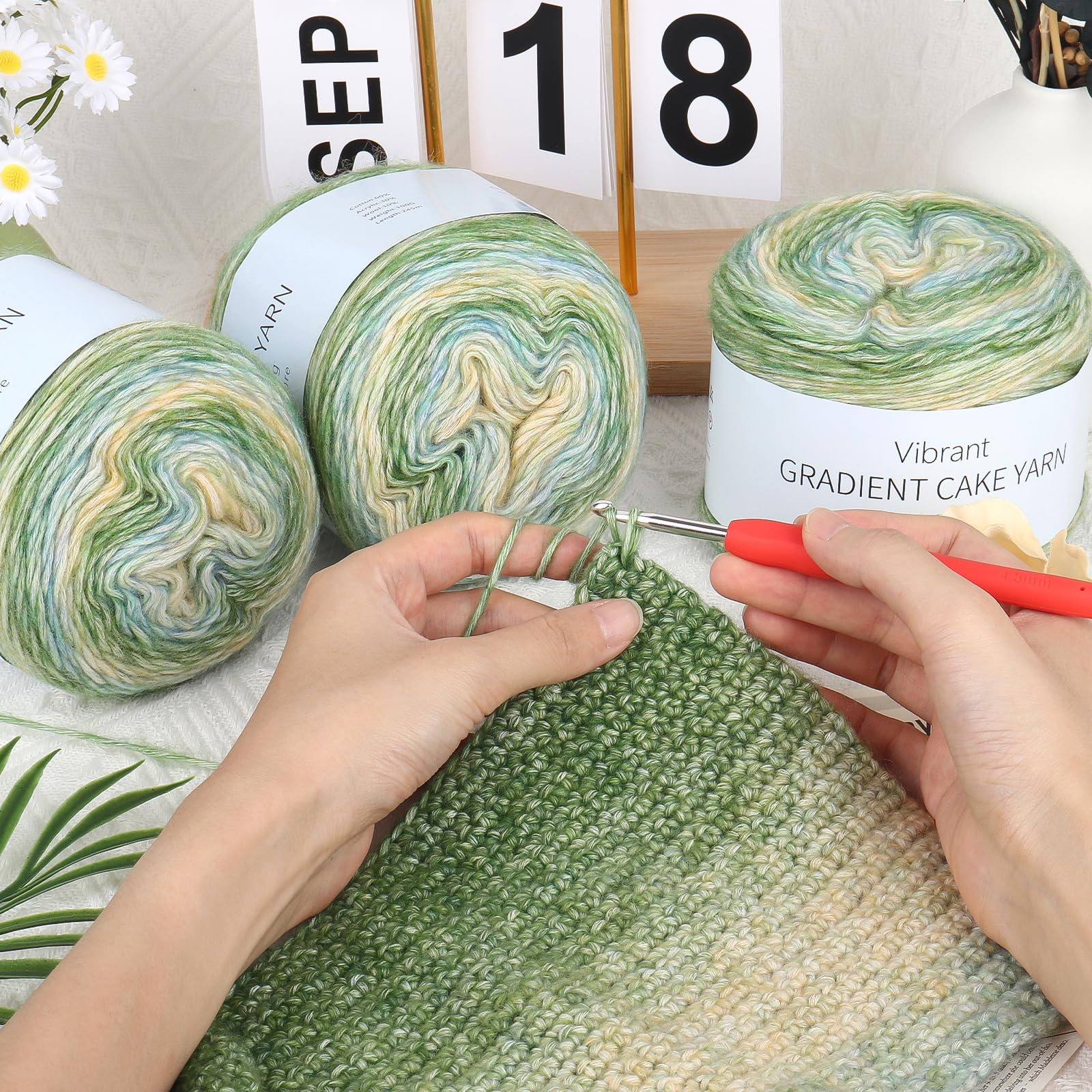 Aeelike Cake Yarn for Crocheting, 3 Skeins Gradient Cake Yarn 100g (3.52 oz) 245m (267 Yards), Super Soft Ombré Yarns Cake Rainbow Cotton Yarn for Making Colorful Crafts, Green Gradient