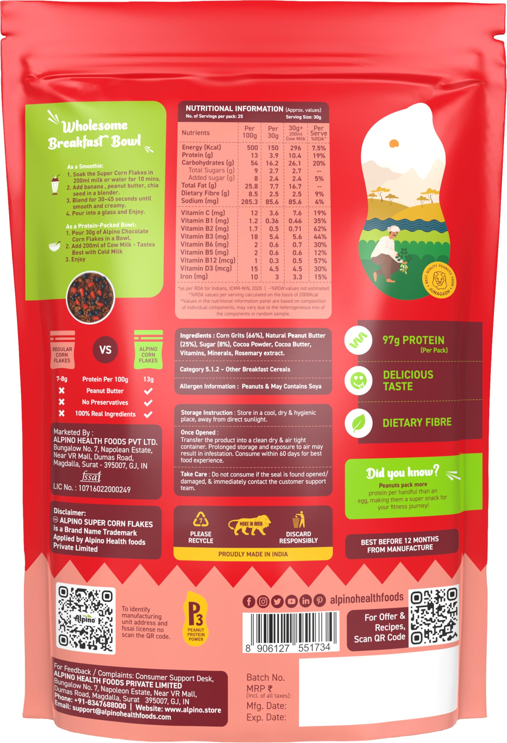 ALPINO Protein-Rich Super Corn Flakes Chocolate 750g - 13% Protein, Natural Peanut Butter, Brown Sugar - Source of Healthy Fats & Dietary Fibre, Added Vitamins & Minerals