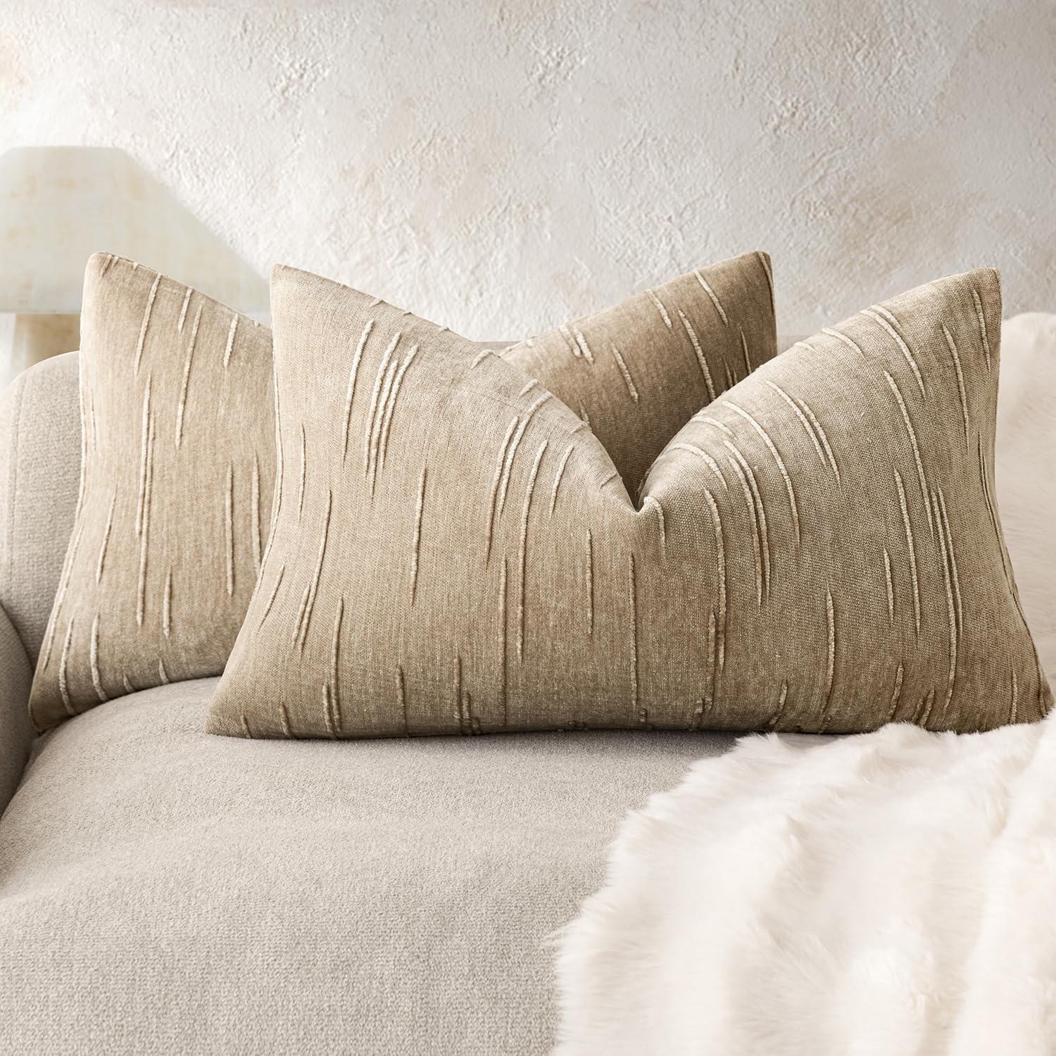Foindtower Slubby Textured Chenille Lumbar Pillow Covers 12x20 Khaki Camel