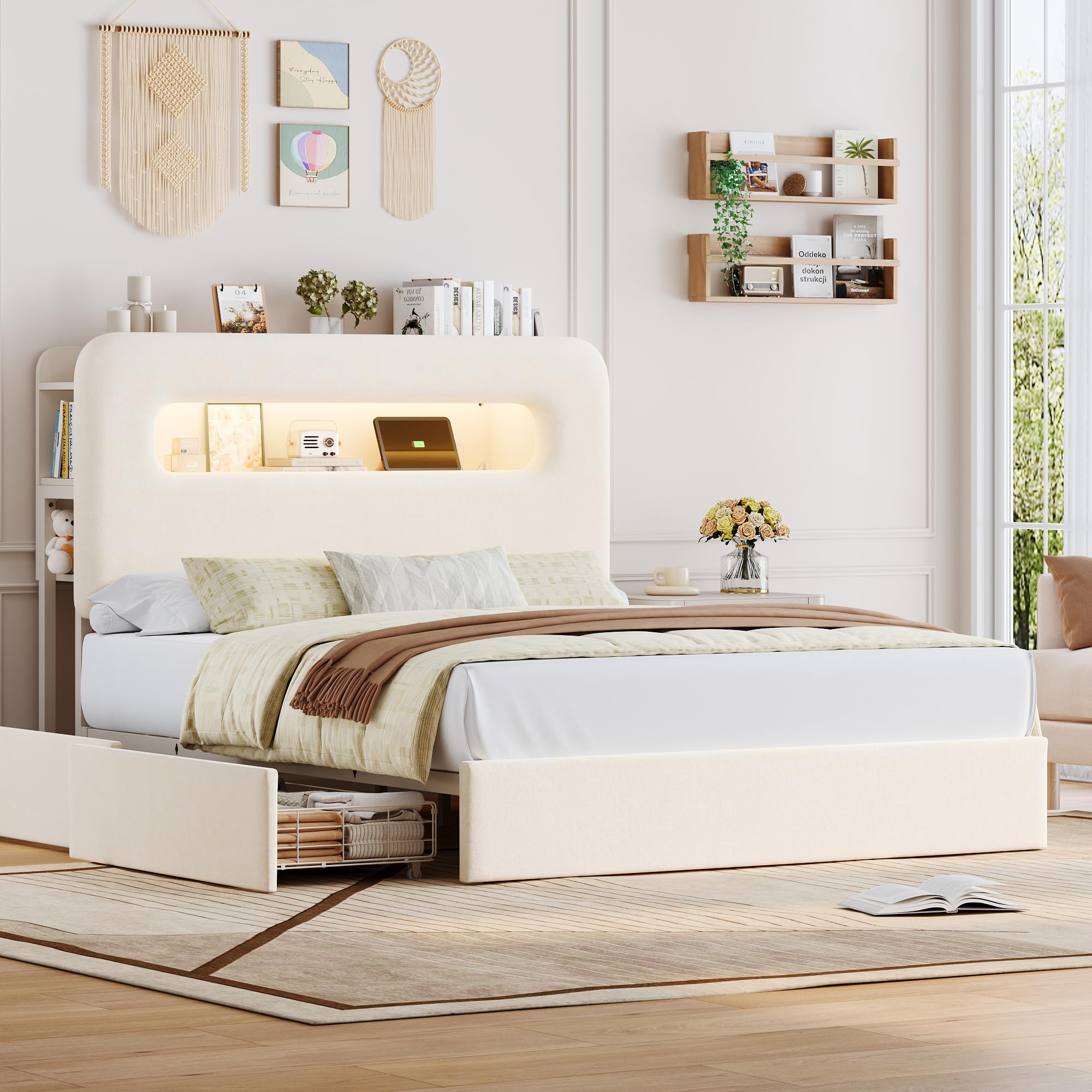HOSTACK Twin LED Bed Frame with Storage Headboard and Charging Station, Kids Bed Frame with 4 Drawers and USB Ports, Velvet Upholstered Platform Bed Frame with Bookcase, No Box Spring Needed, Cream