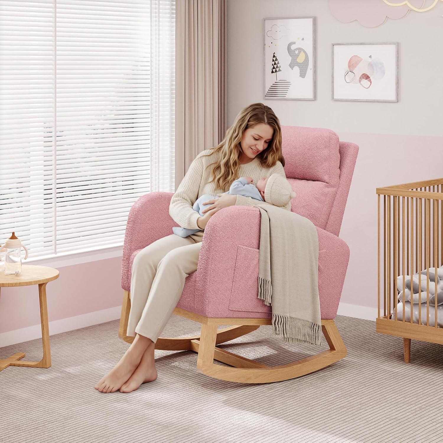 GarveeHome Teddy Fleece Rocking Chair, Modern Nursery Glider Chair with Side Pockets and Pillow, Rocker Chair for Living Room Bedroom Nursing Room, Pink