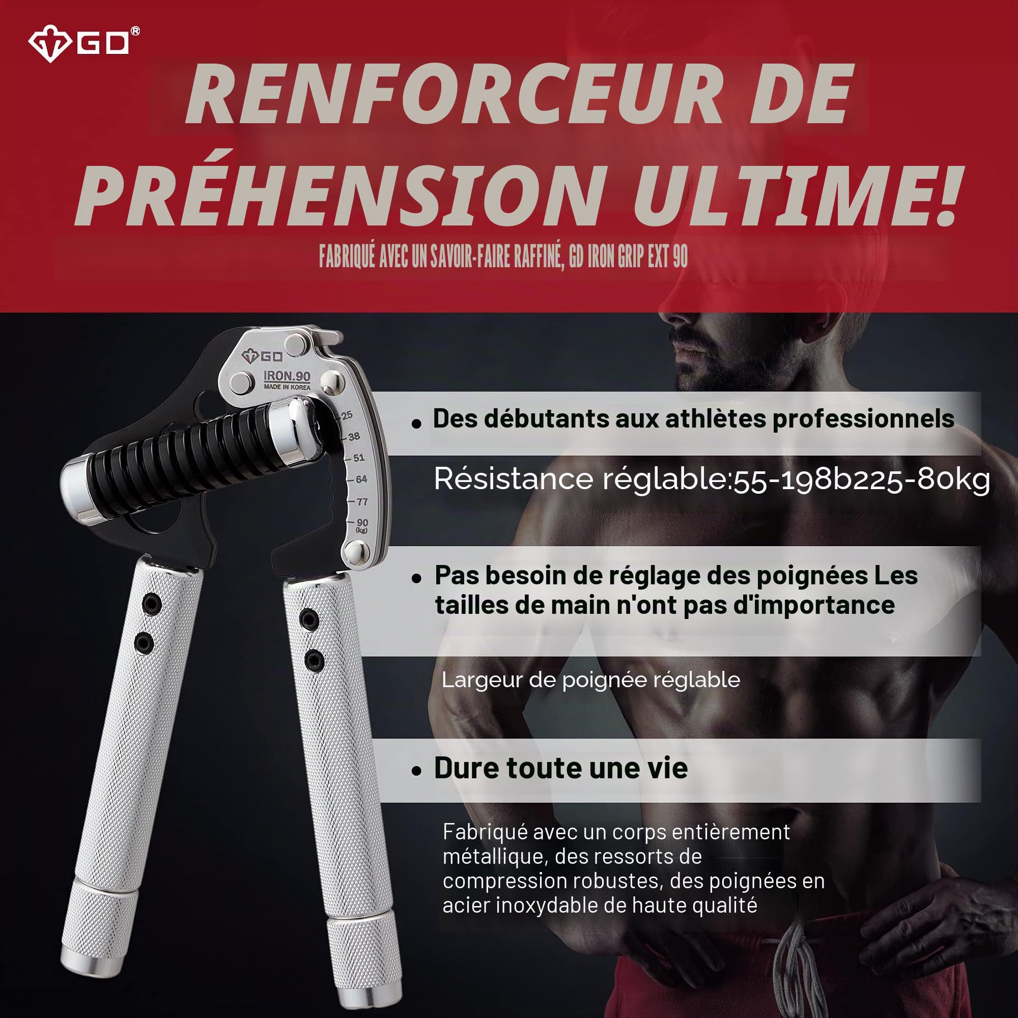 GD Pince de préhension réglable, Main renforçateur (55 à 198 Livre:. Fer ext 90)