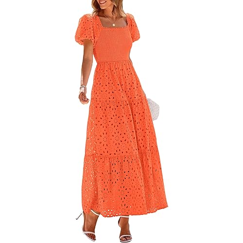 PRETTYGARDEN Summer Dresses for Women 2025 Eyelet Square Neck Puff Sleeve Smocked Wedding Guest Maxi Dress with Pockets