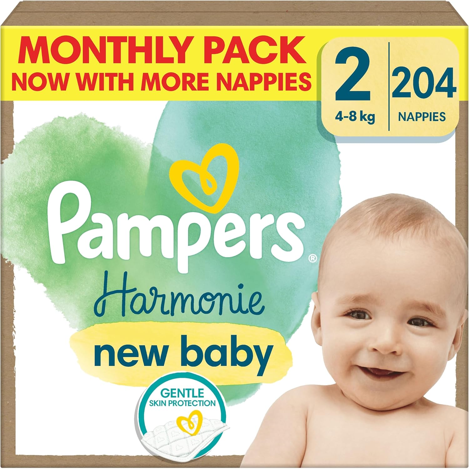 Pampers Harmonie Nappies Size 2, 204 Nappies, 4kg-8kg, Gentle Skin