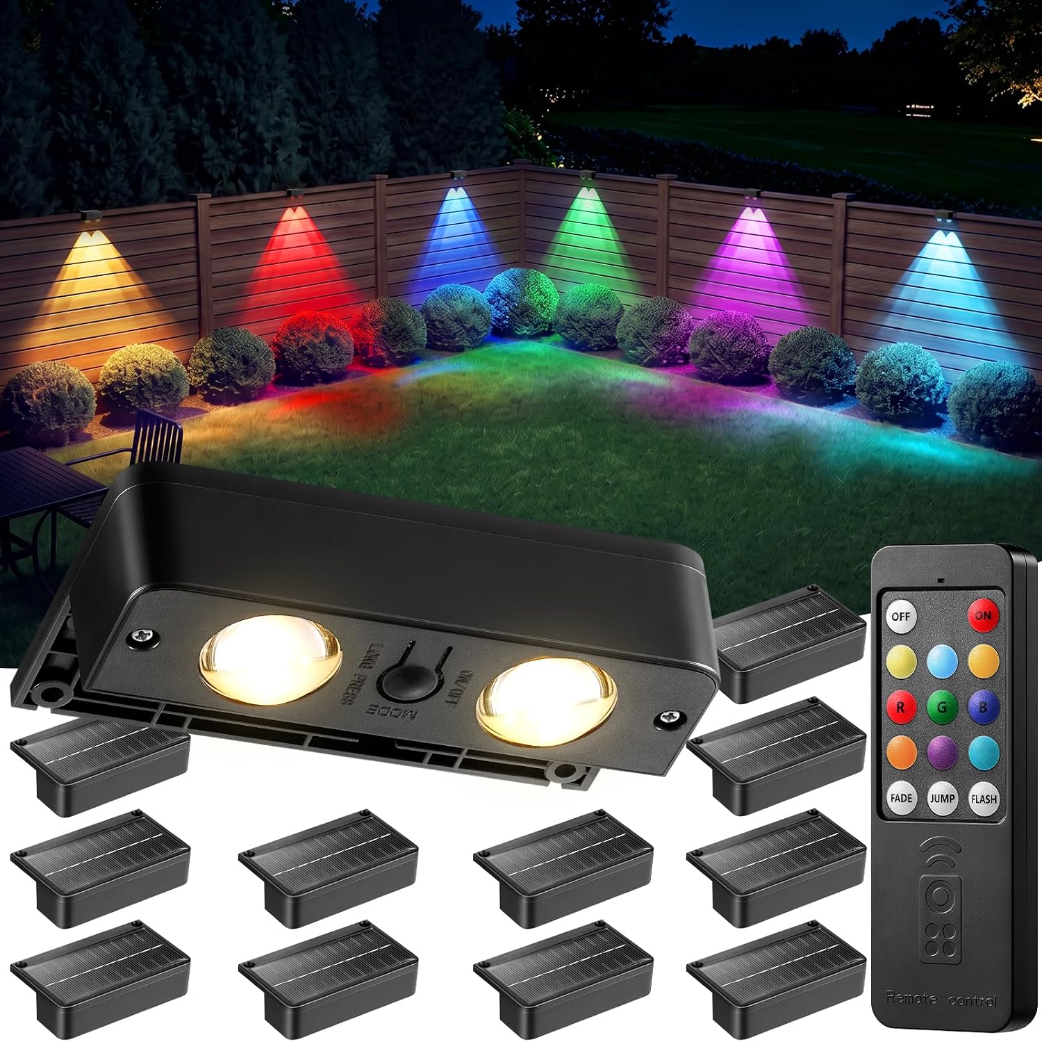 Fence Lights Solar Powered with Remote 6 Pack, 60 Lumen 9 Fixed Colors | IP65 Waterproof, LED RGB Color Changing Solar Lights for Fence, Deck, Yard, Railing, Balcony, Patio, Wall, Stair, Outside