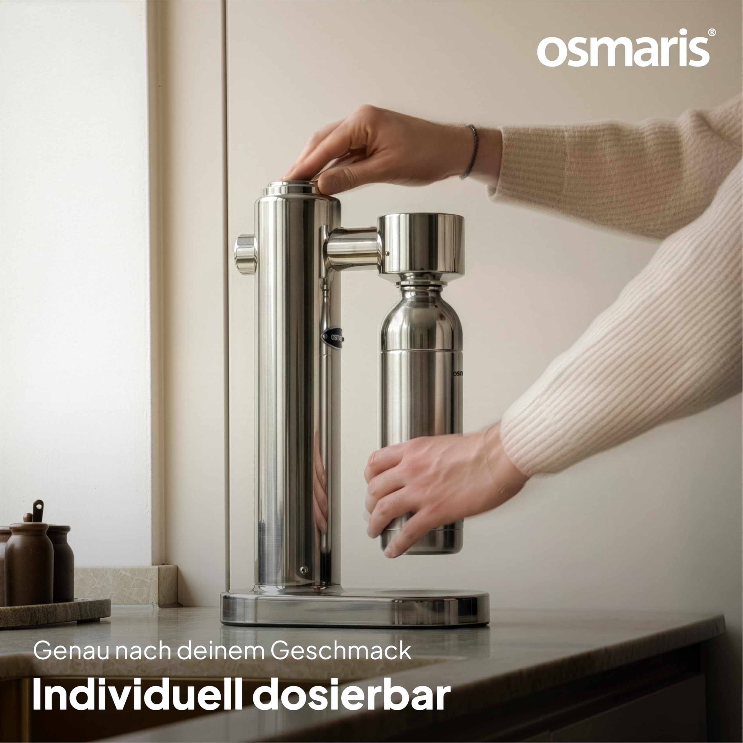 Wassersprudler aus hochwertigem Edelstahl - Design Soda Maker inkl. 2x 1,1 L Edelstahlflaschen - geschmacksneutral & 100% dicht - Sprudelwasser Maschine mit Druckablassventil für moderne Küchen
