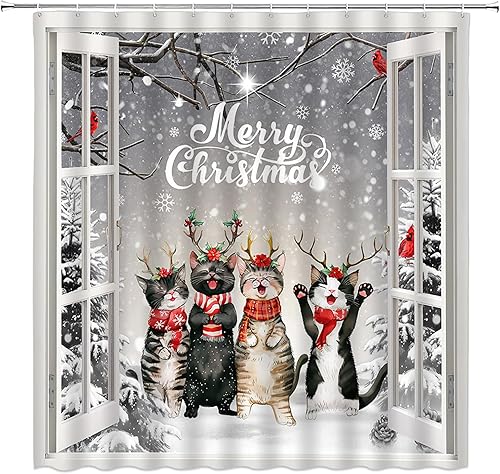 Miniatura 13 de Cortina de Ducha de Navidad Camión Navideño Retro Árbol de Navidad Muñeco de Nieve Rústico Casa de Campo Invierno Tela Cortinas de Baño Decorativas