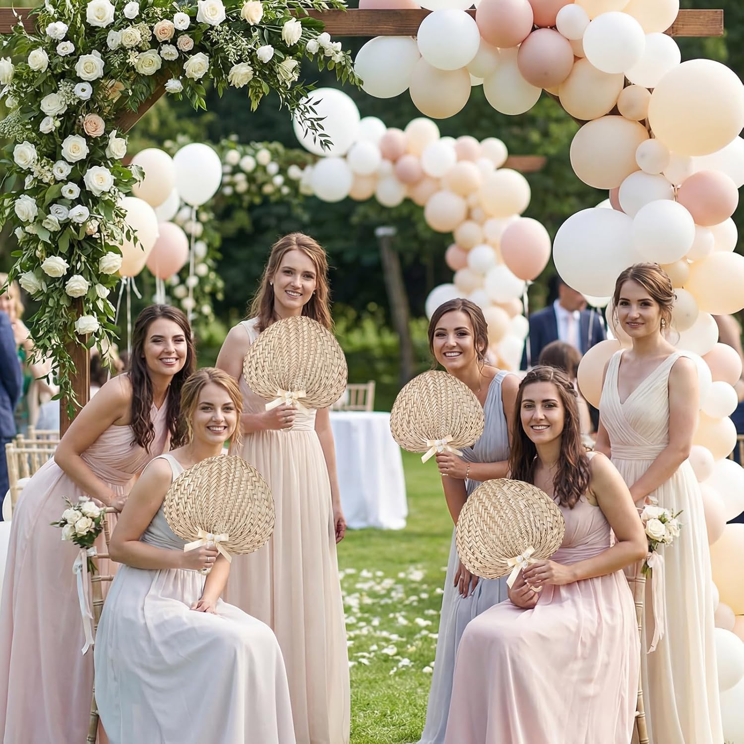 12 Pcs Wedding Woven Bamboo Fans Natural Raffia Handmade Wedding Fans Farmhouse Boho Palm Leaf Hand Weaving Handheld Bulk for Indoor Outdoor Summer Farmhouse Cooling Party Favors(Champagne)