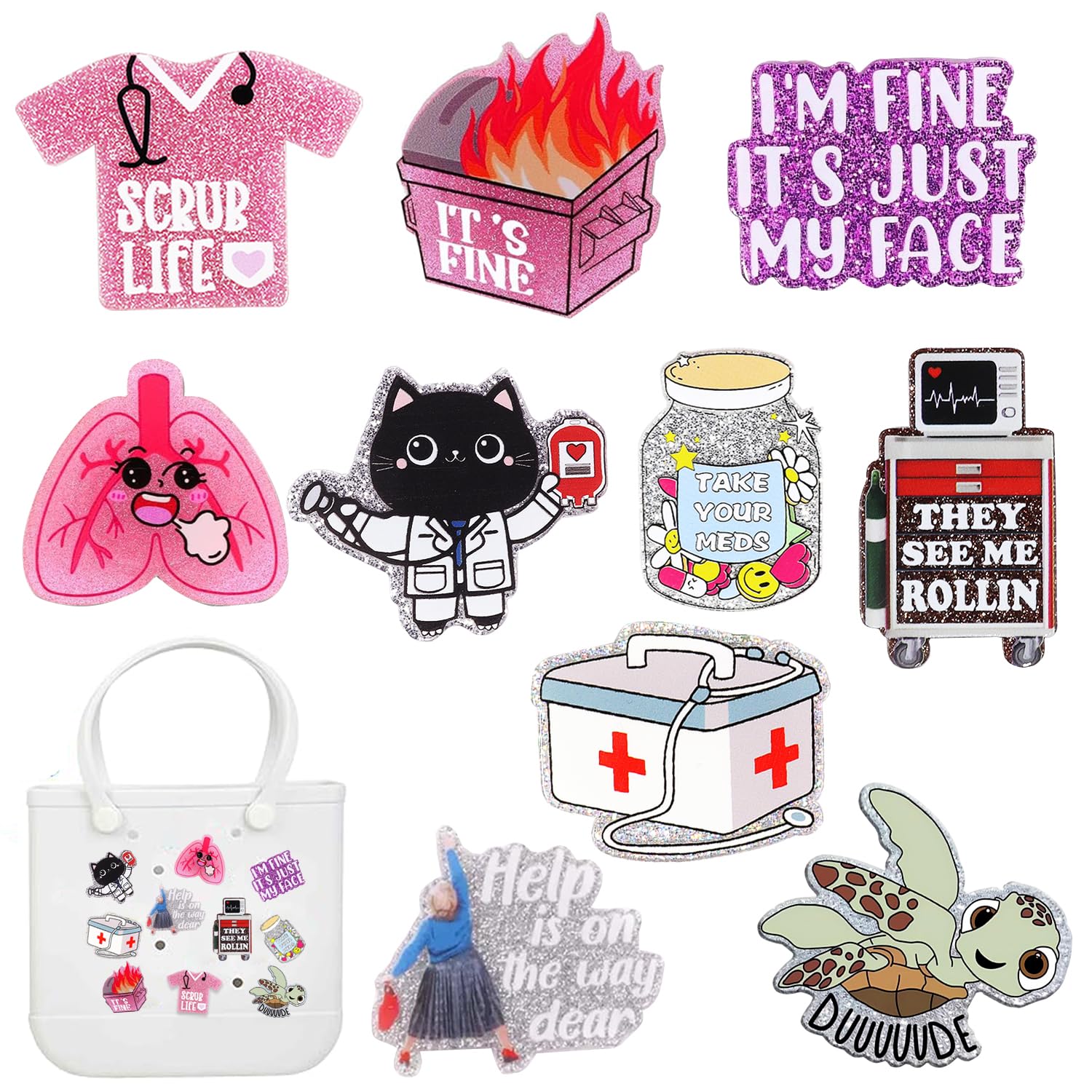 Everfunny 10 Pcs Charms for Bogg Bags Acrylic Nurse Charms Accessories suitable for Simply Southern Beach Totes Decoration