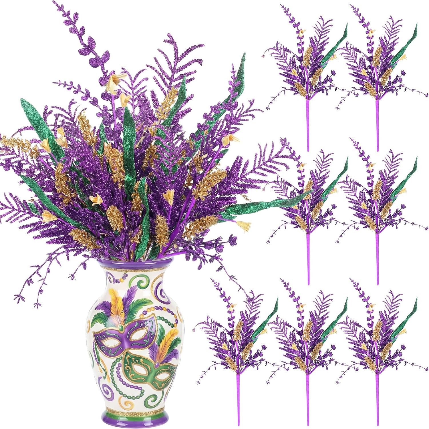 Suncalla 8 Pcs Mardi Gras Glitter Berries Stems 17 Inch Purple Green and Gold Berry Branches Artificial Picks Sprays for Mardi Gras Party Decorations Table Centerpiece Decor