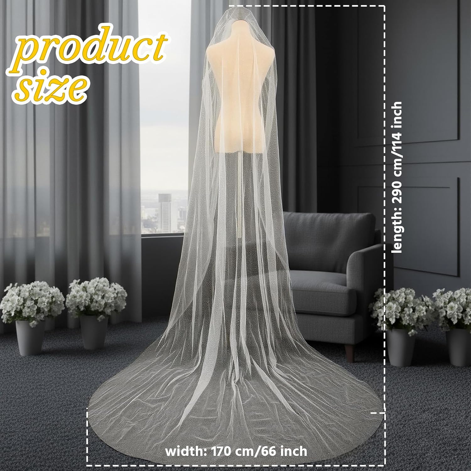 114inch Cathedral Wedding Veil Sparkle Long Glitter Bridal Veil 1 Tier Tulle Chapel Hair Accessories with Comb for Women and Bride