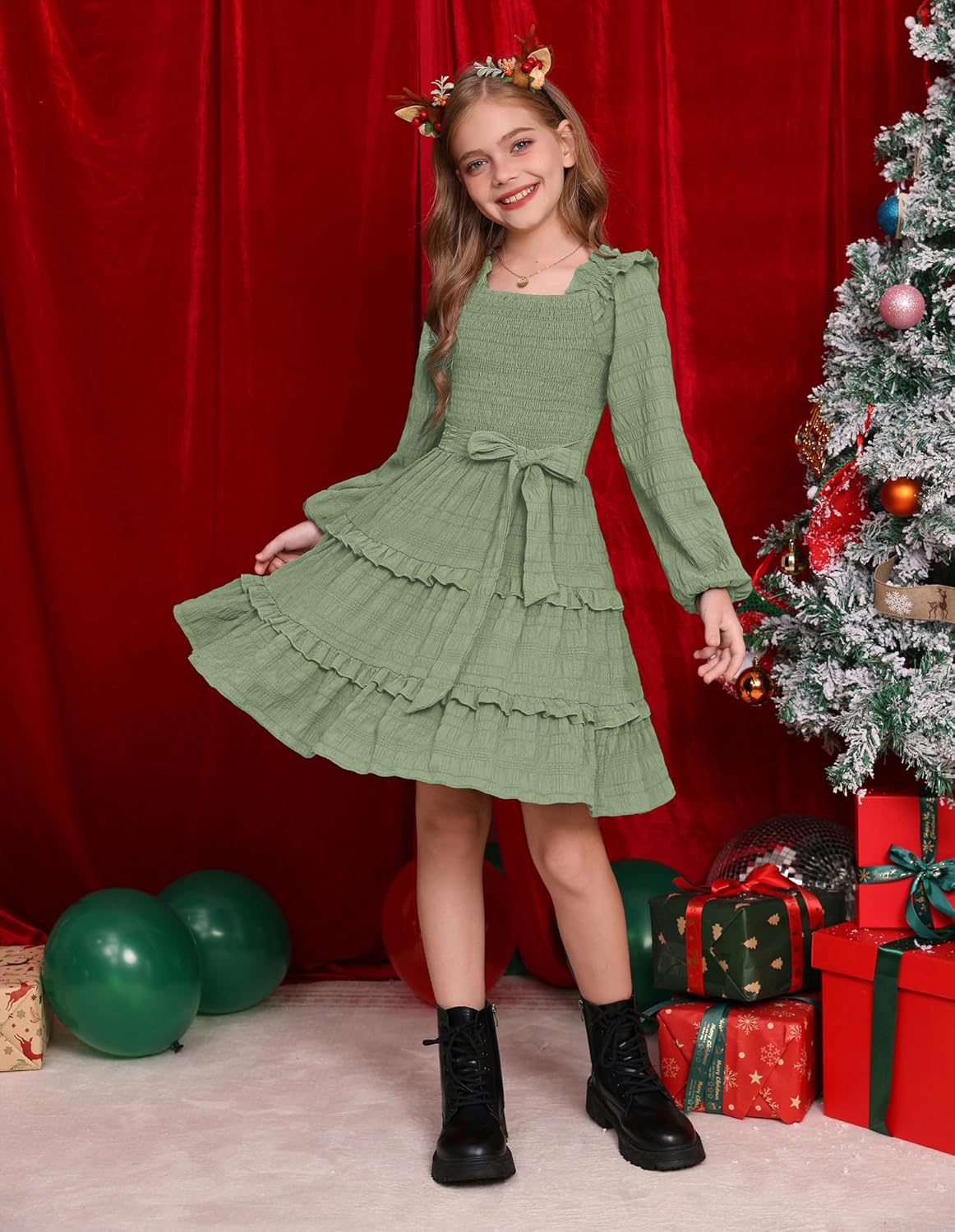 GRACE KARIN Girls Ruffled Dress 6-14Y Fall Long Sleeves Christmas Party Festive Dresses - Image 3