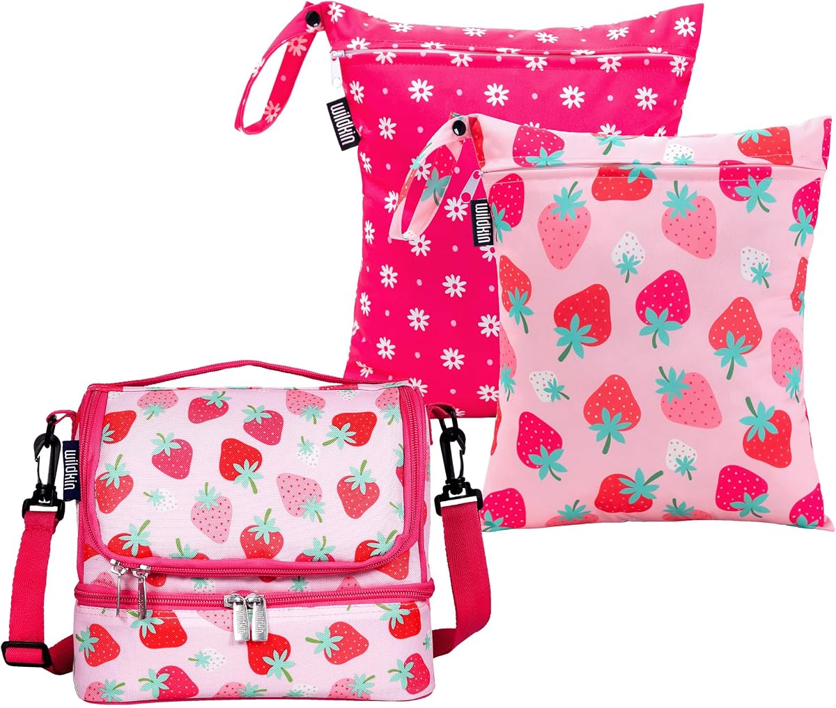 Wildkin Juego de bolsas húmedas y bolsa de almuerzo de dos compartimentos para niños – Bolsas secas húmedas reutilizables impermeables y bolsa de almuerzo aislada para la escuela y viajes – Sin BPA, fácil de limpiar, niños y niñas – Parche de fresa