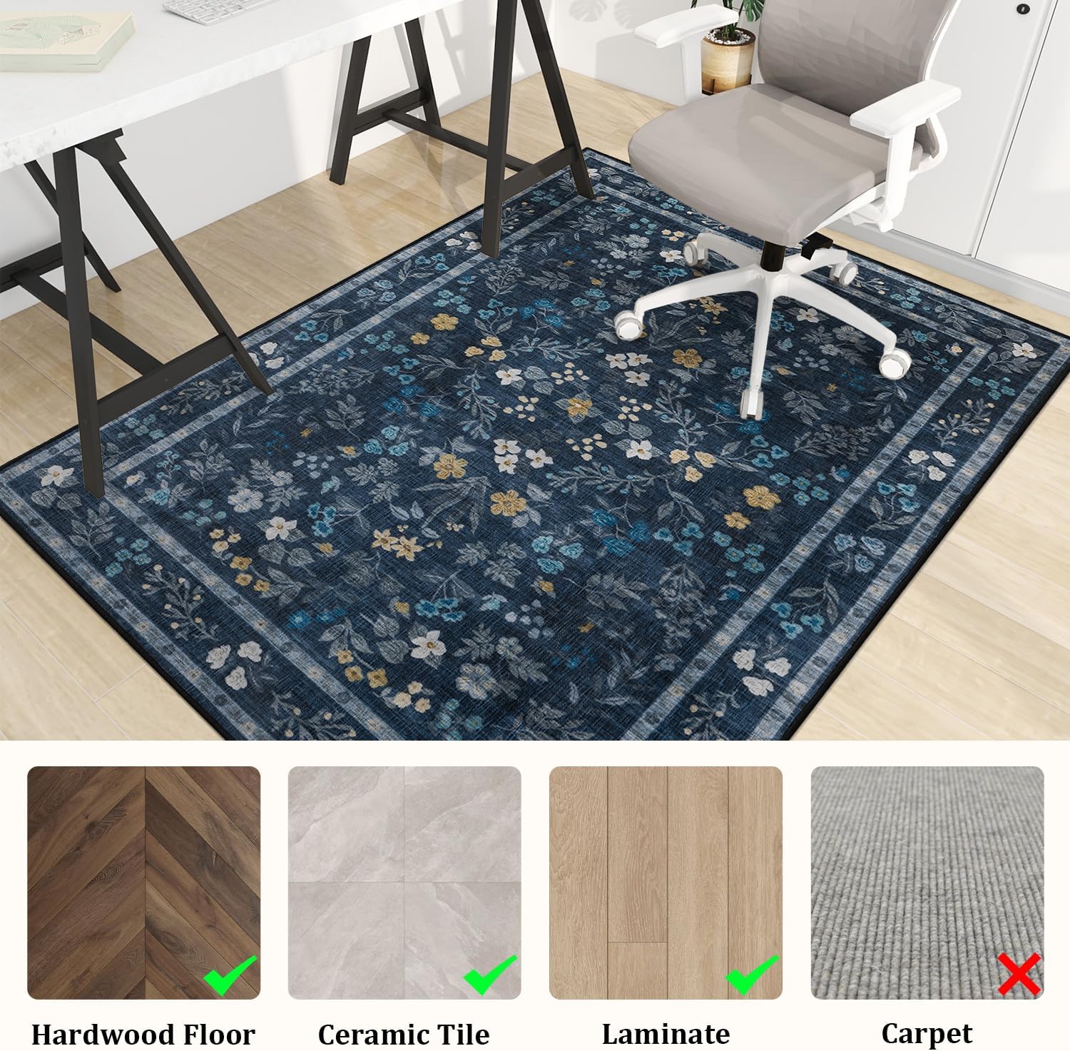 chakme Office Chair Mat for Hardwood Floor, 48"x36" Easy Glide Computer Desk Mat Protector for Rolling Chair Under Desk Rug Nonslip Backing, Machine Wash, (Floral)