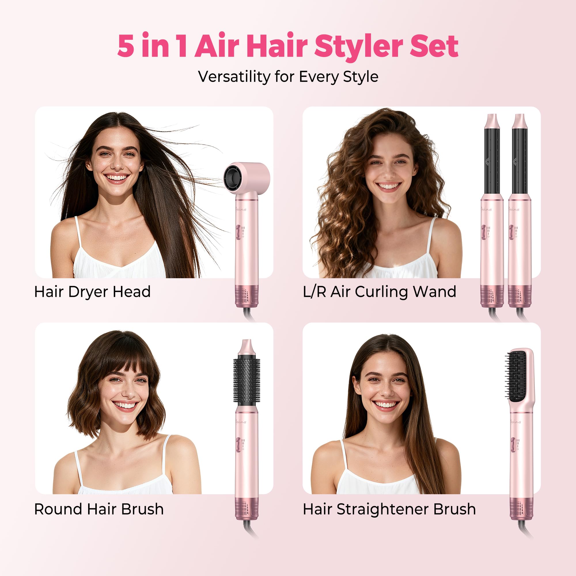 Atopskins Air Styler Brosse Soufflante 5 in 1, Seche Cheveux Ionique, Air Boucleur a Cheveux, Hair Styler Brosse Soufflante Brushing, Brosse Lissante, Pour Cheveux Bouclés, Sécher les Cheveux
