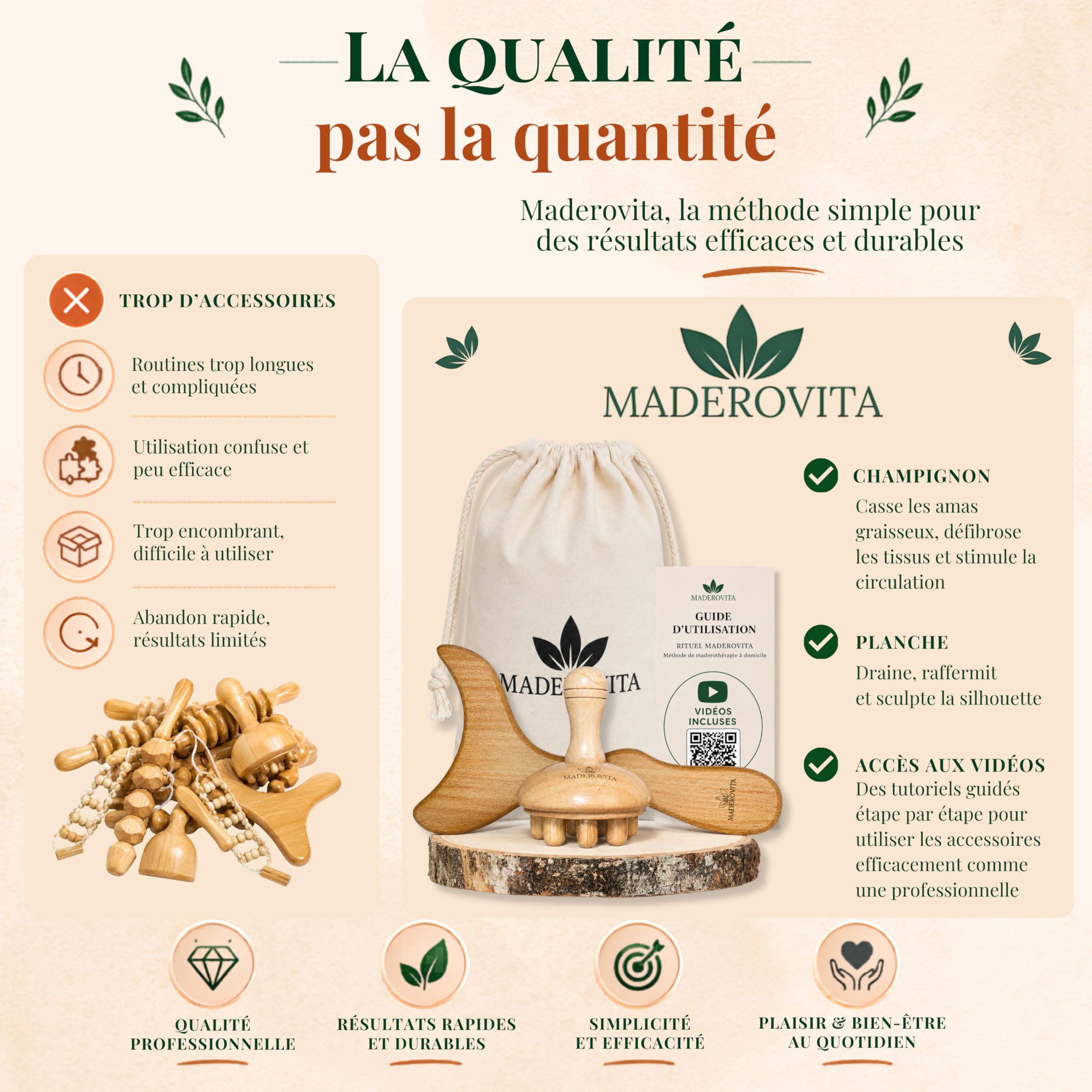 Kit Madérothérapie – Massage Anti-Cellulite & Drainage Lymphatique – Bois Naturel – Raffermissant, Relaxant & Récupération Musculaire – Planche Gua Sha & Champignon – Guide + Vidéos