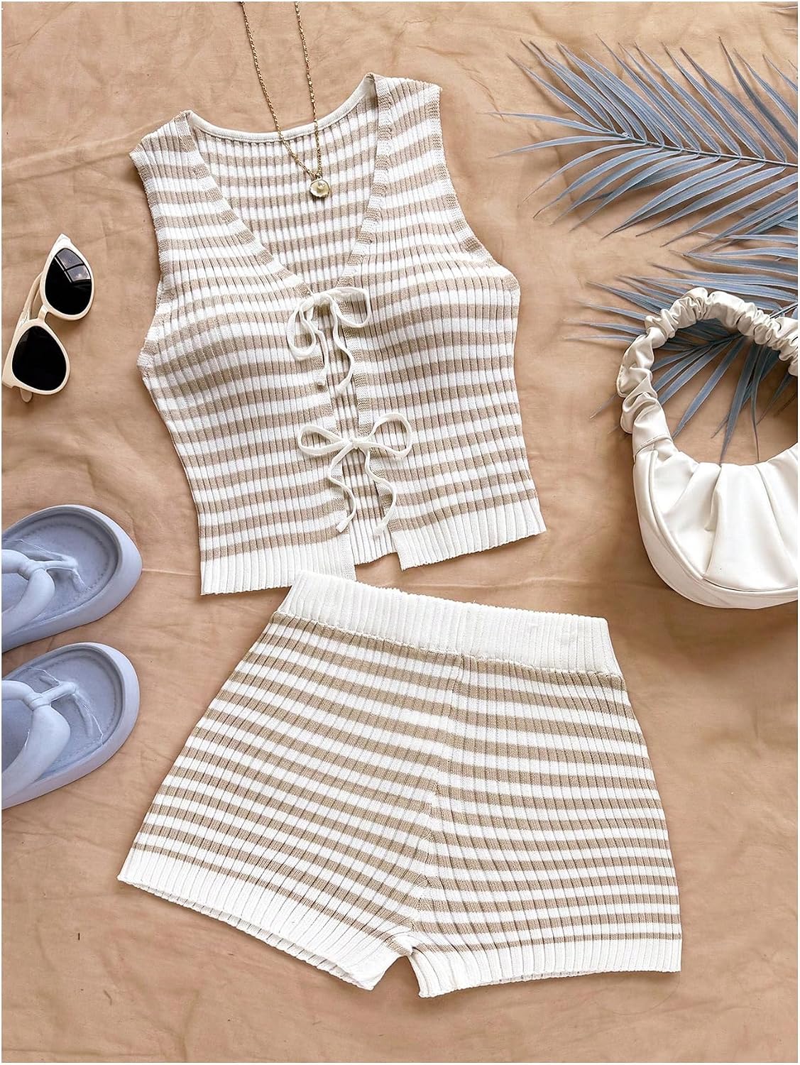 SOLY HUX Women's Striped Two Piece Short Set Tie Front Tank Top and Shorts Knit Summer Clothes Vacation Outfits