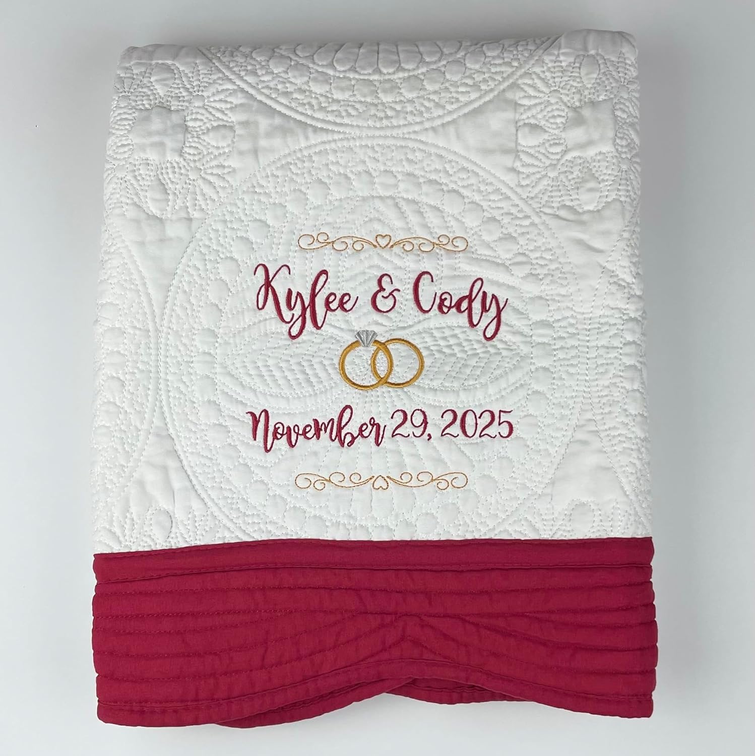 Personalized Wedding Heirloom Quilts - Custom Embroidered with Names, Date & Wedding Rings. 2 Sizes, 6 Border Color Options. Comfy Throw Blanket, Wedding, Anniversary, Engagement or Shower Gift.