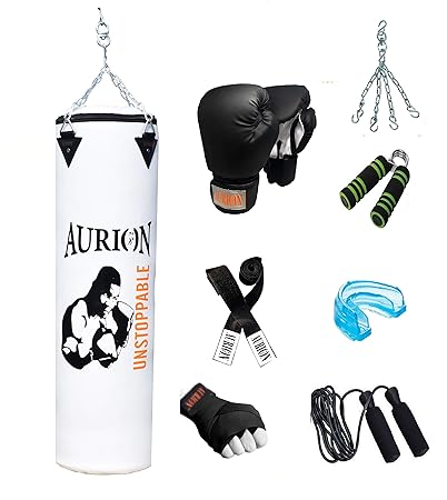 AURION Unfilled Heavy Punch Bag Set with Skipping Rope,Boxing Glove,Hand Gripper,Hand Wrap,Mouth Guard,Hanging Chain , Availbale Size 2 Feet to 5 feet (White, 4Ft)