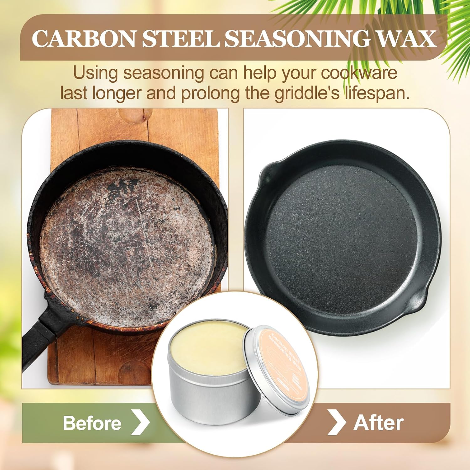 Threlaco 2 Pack carbon steel seasoning Conditioner wax Set 6 oz cast iron seasoning oil with 20 Pcs Cloths, Carbon Steel Care Set for Pan Grill Kitchen Supplies Restore Protect Maintenance
