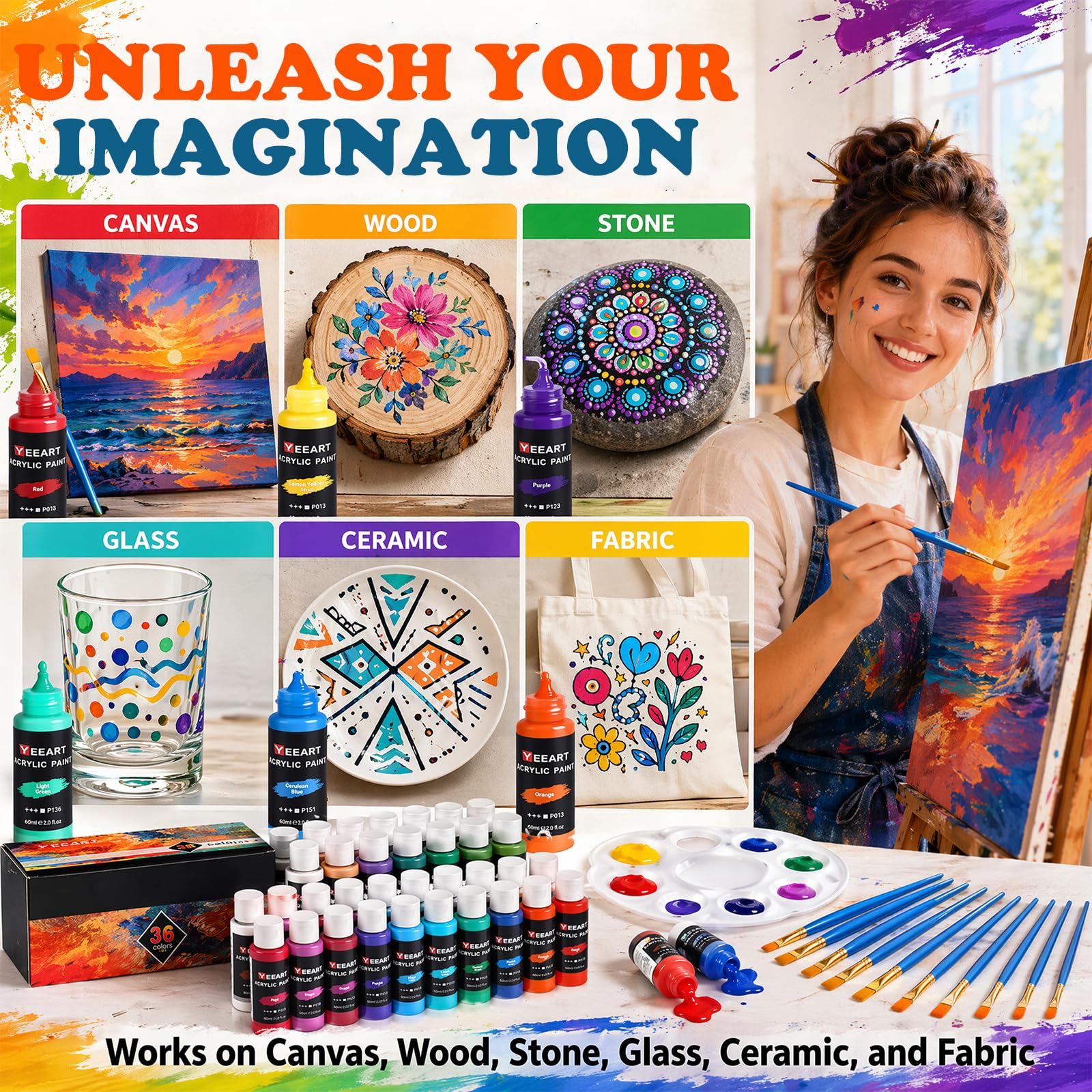 Juego de pinturas acrílicas, 50 colores × 60 ml, juego de pinturas acrílicas para adultos, 10 pinceles, no tóxico, resistente al agua, pigmentos ricos para adultos sobre piedras, lienzo, madera
