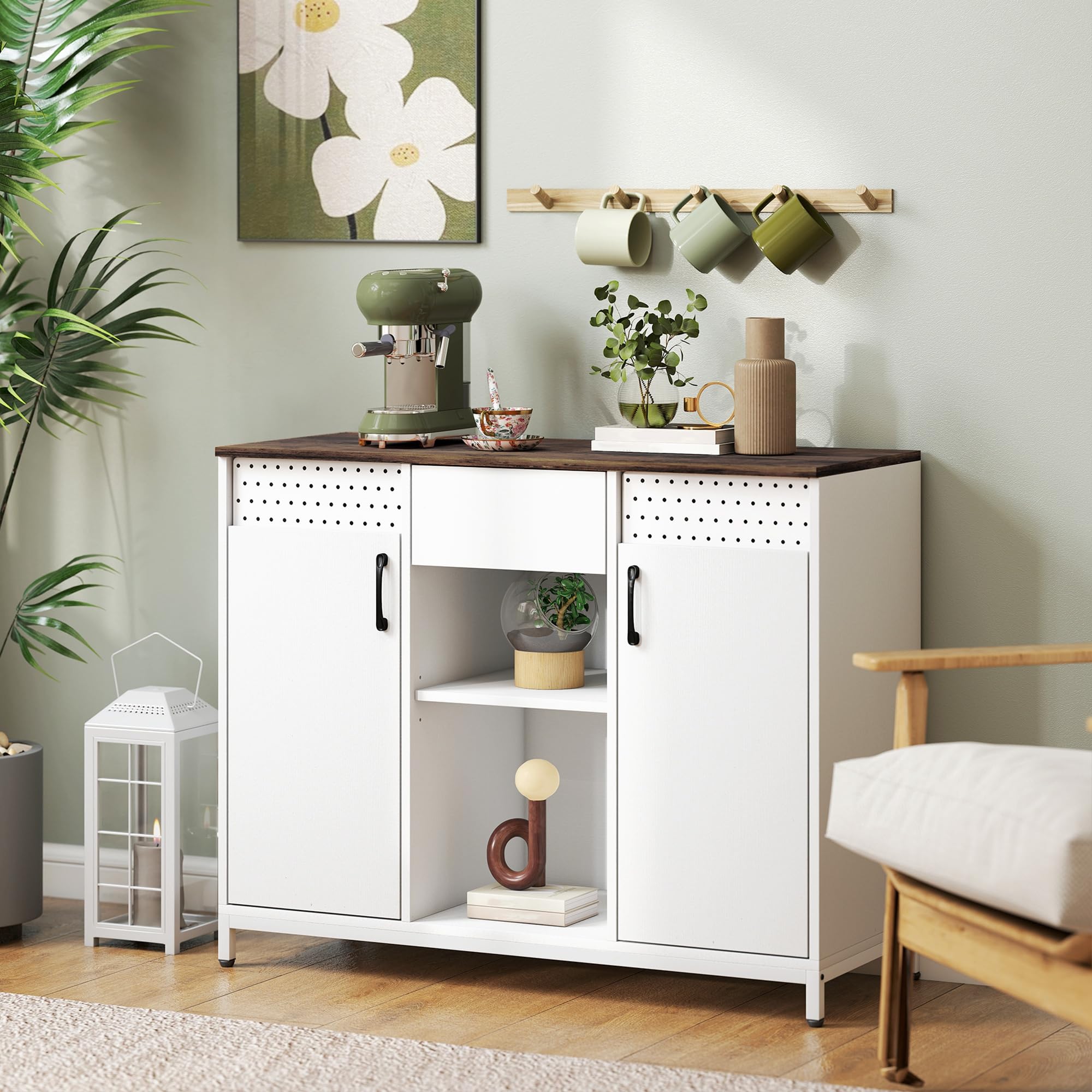 HOMCOM Aparador de 2 Puertas con Tablero Colgante 100x40x80 cm Blanco | Aparador para Salón, Cajón, Compartimentos Abiertos, Estantes Ajustables, para Cocina, Entrada, Oficina
