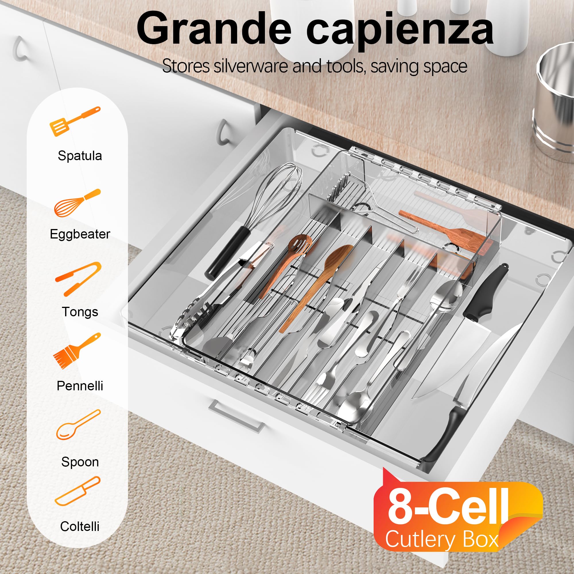 XIALISW Portaposate allungabile per cassetti, portaposate, organizer regolabile per cassetti della cucina, supporto in plastica per posate, cucchiai e forchette (trasparente, medio)